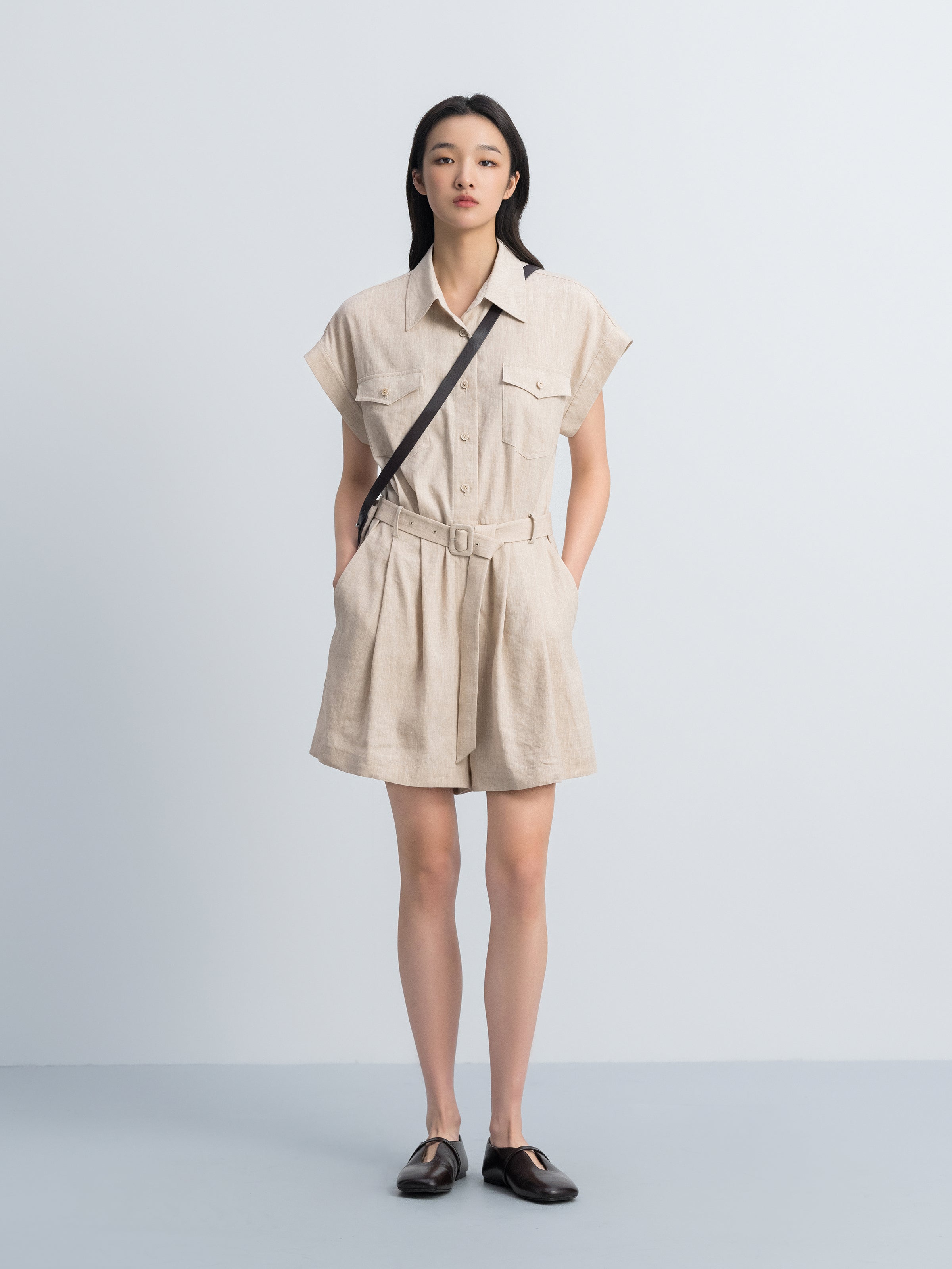 Oatmeal Linen Blend Drop-Shoulder D-Ring Belt Romper
