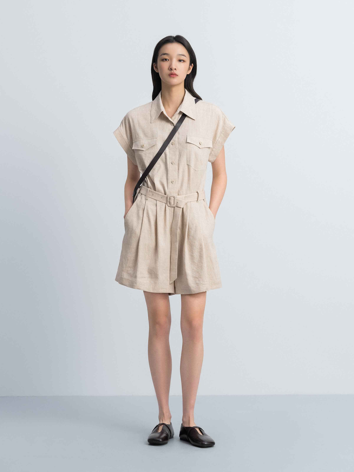 Oatmeal Linen Blend Drop-Shoulder D-Ring Belt Romper