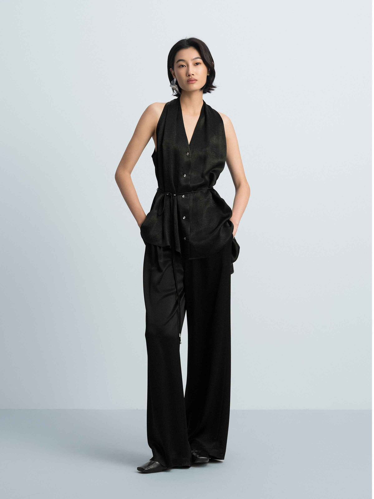 Black Acetate Satin Halter V-Neck Belt Waist Sleeveless Top