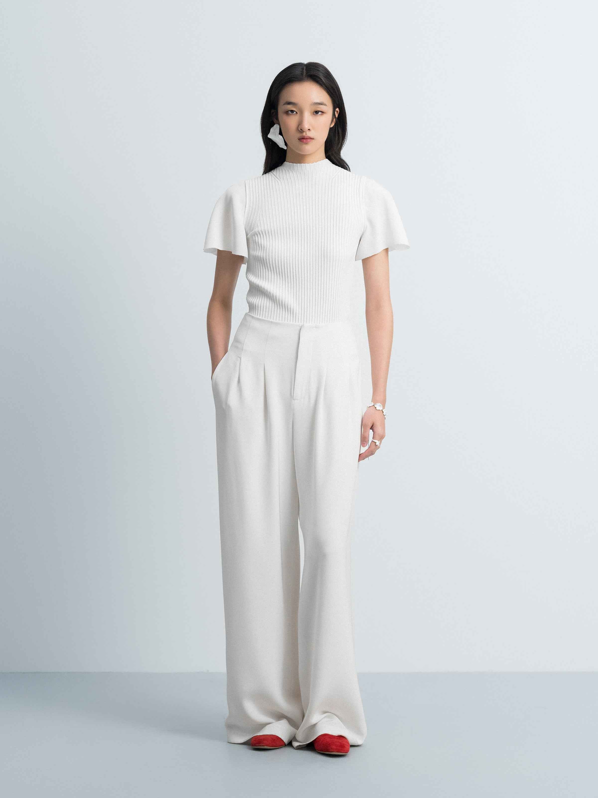 Cream White Silk Knit Patchwork Ruffle Sleeve Top