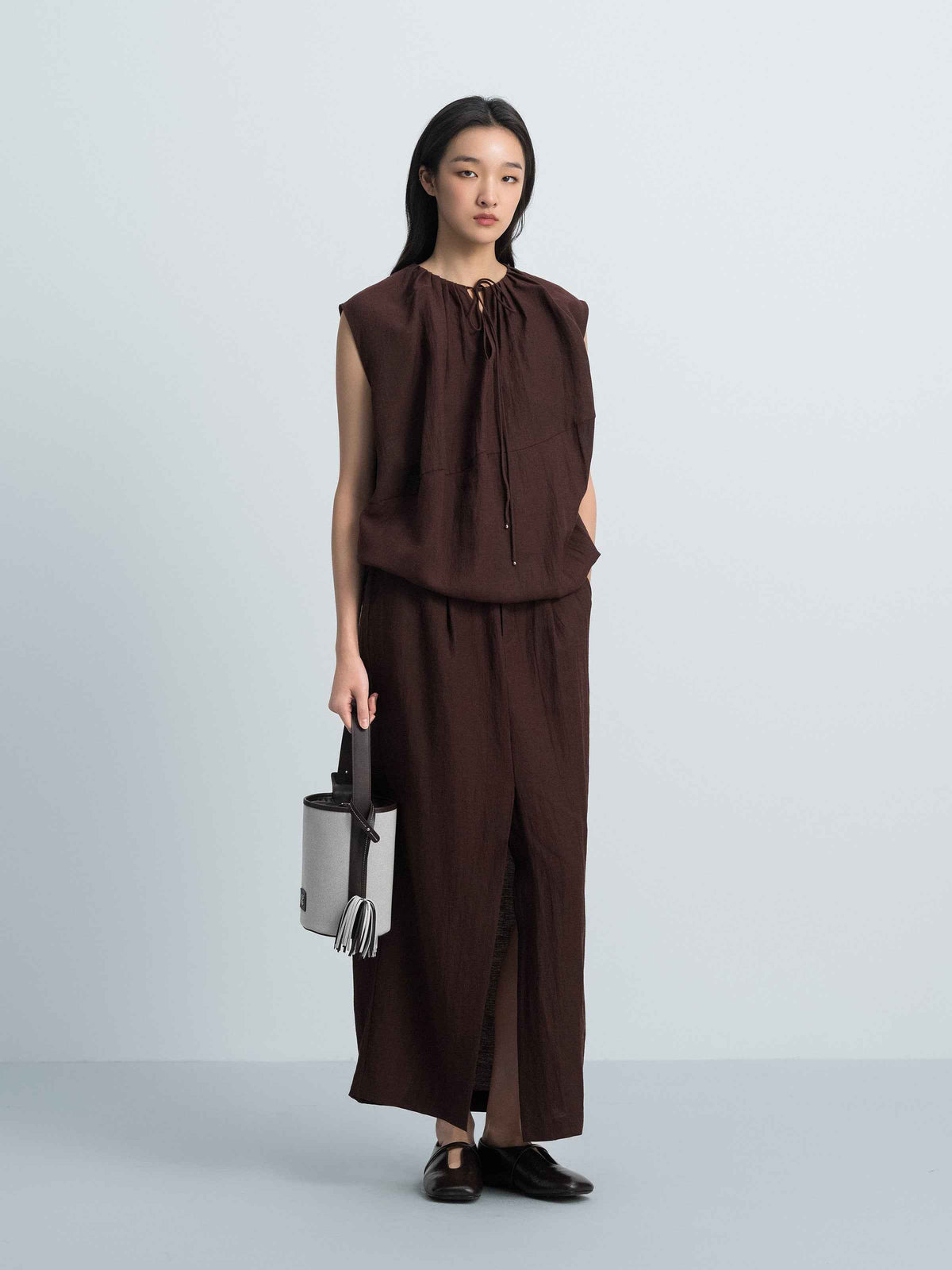 Coffee Brown Linen Blend Front Slit Elastic Long Skirt