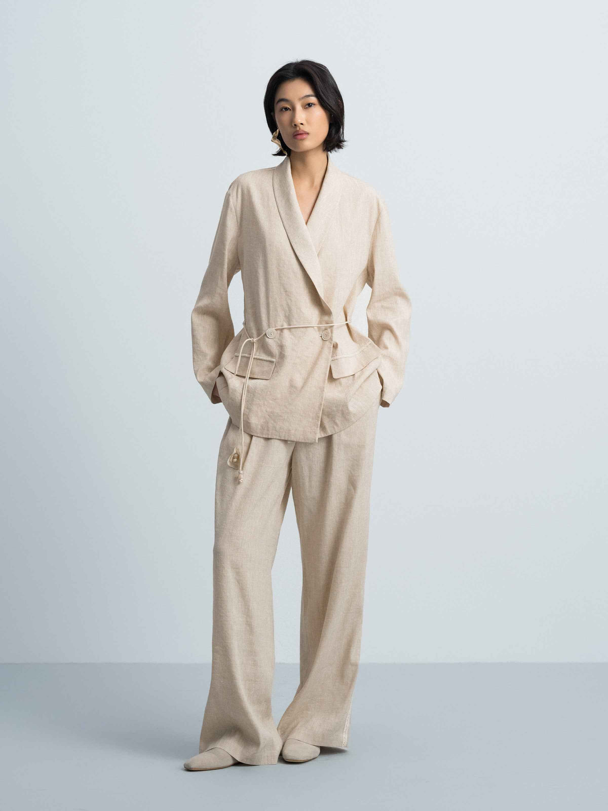 Oatmeal Linen Blend Double Pleat Wide-Leg Trousers