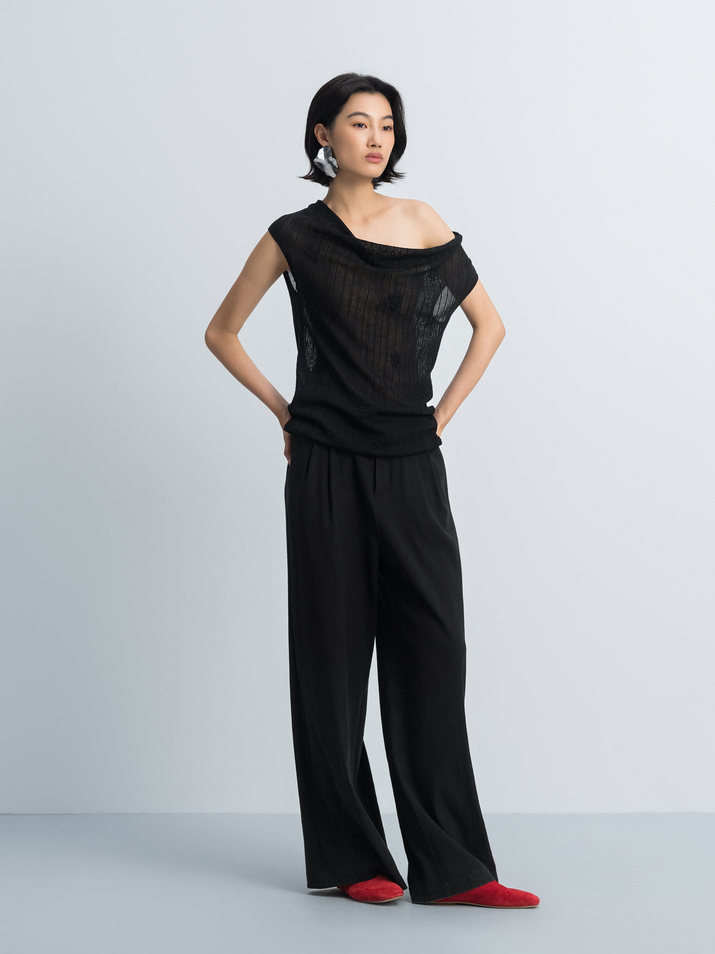 Black Triacetate Tencel One-Shoulder Jacquard Knit Sweater