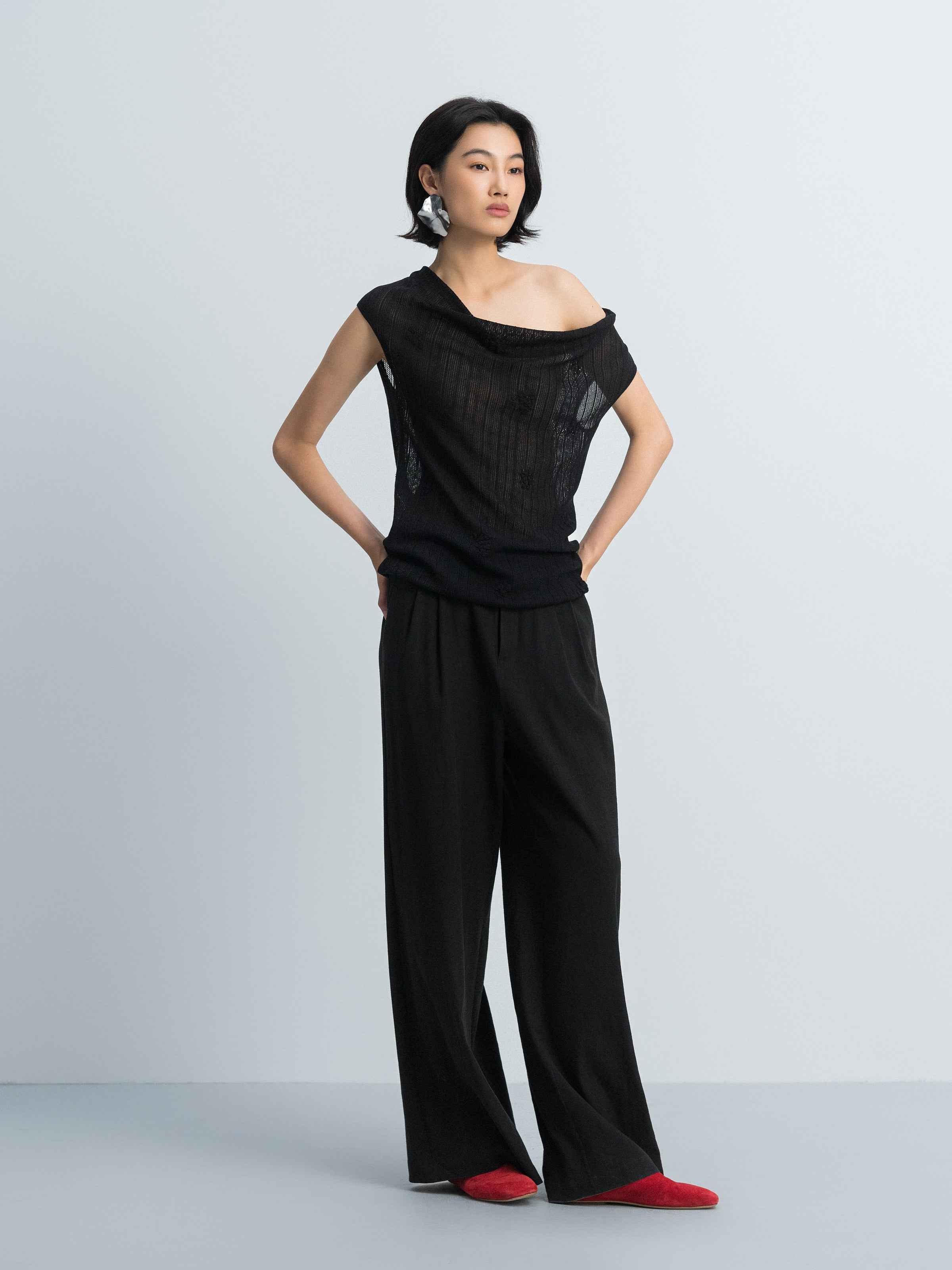 Black Triacetate Tencel One-Shoulder Jacquard Knit Sweater