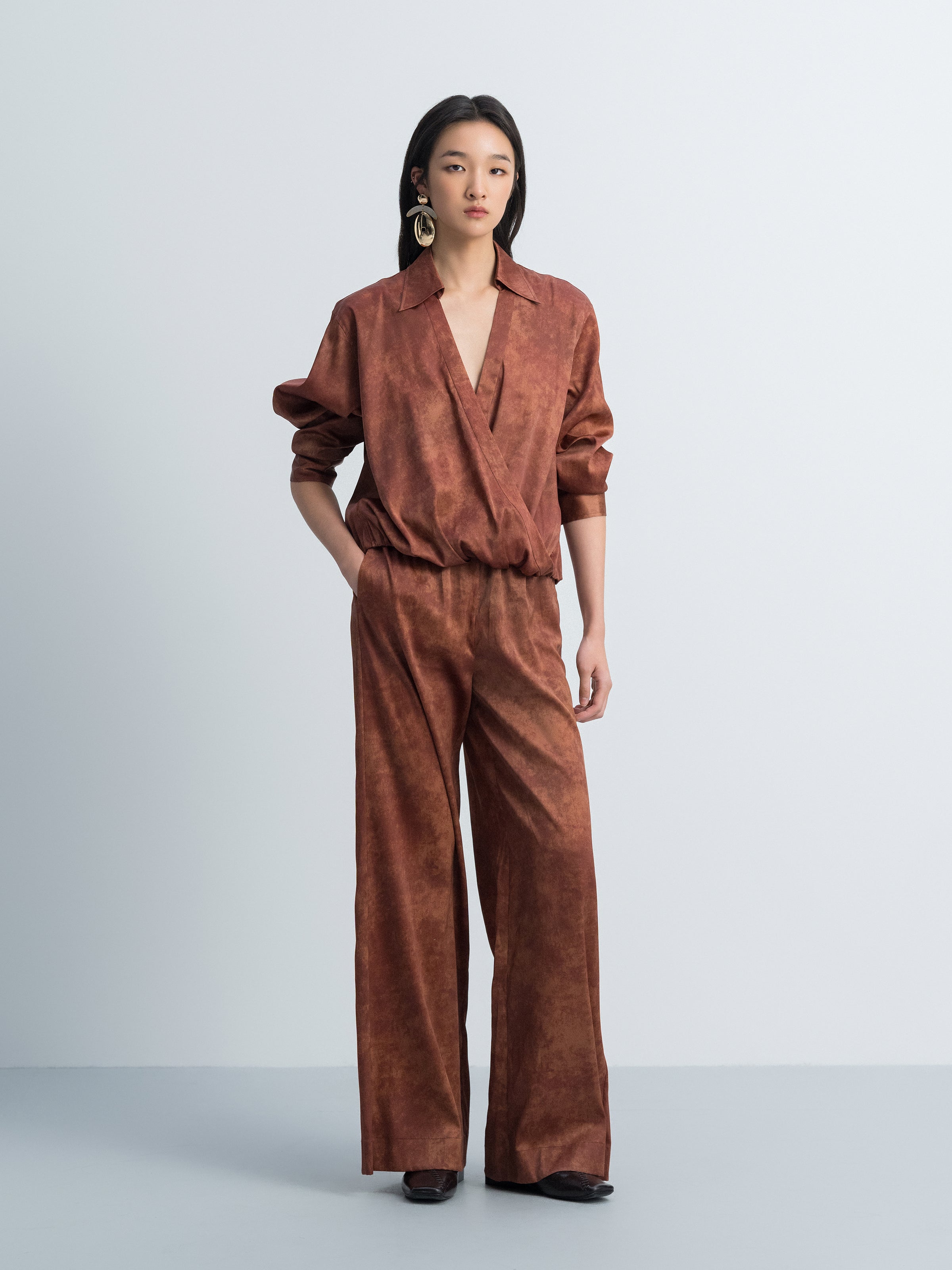 Dark Red Stretch Mulberry Satin V-Neck Long-Sleeve Top