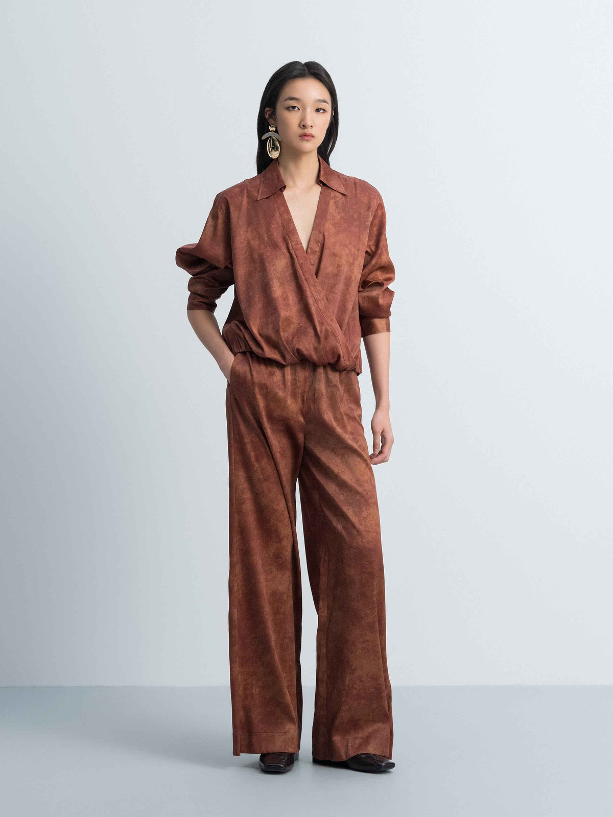 Dark Red Stretch Mulberry Satin V-Neck Long-Sleeve Top