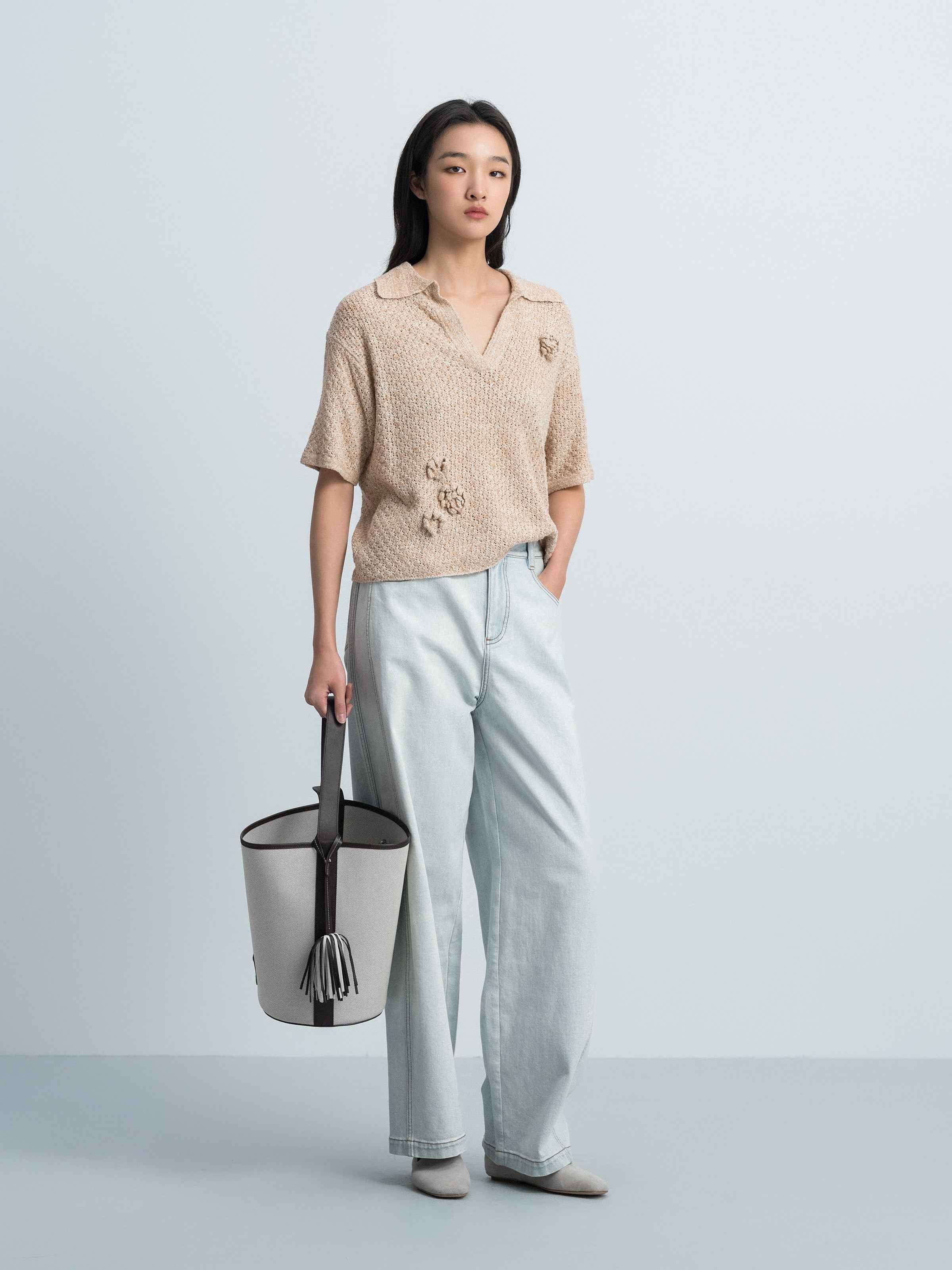 Light Blue Washed Denim Curved Relaxed Tapered Trousers