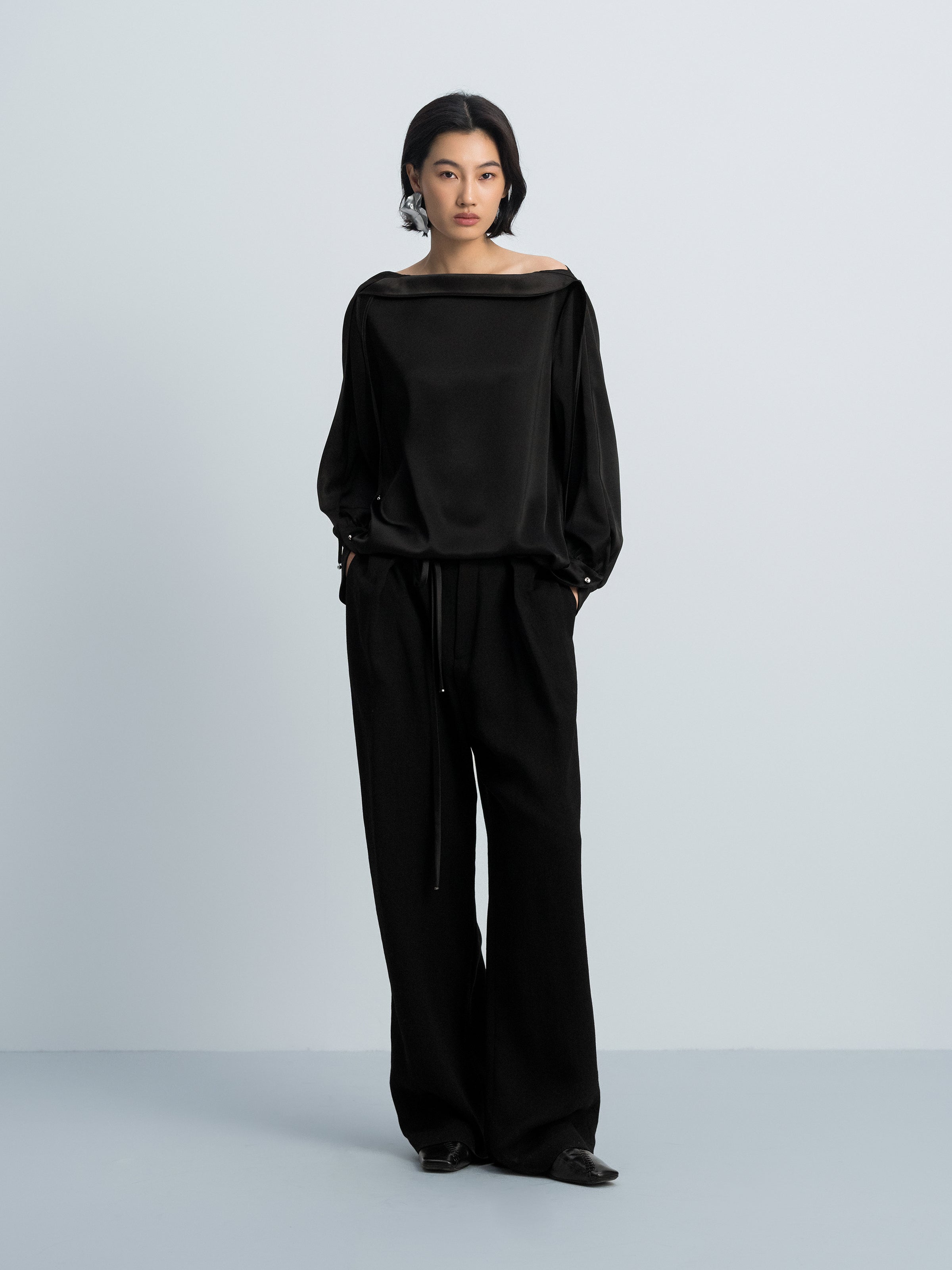 Black Diacetate Linen Weave Metal Bead Wide-Leg Trousers