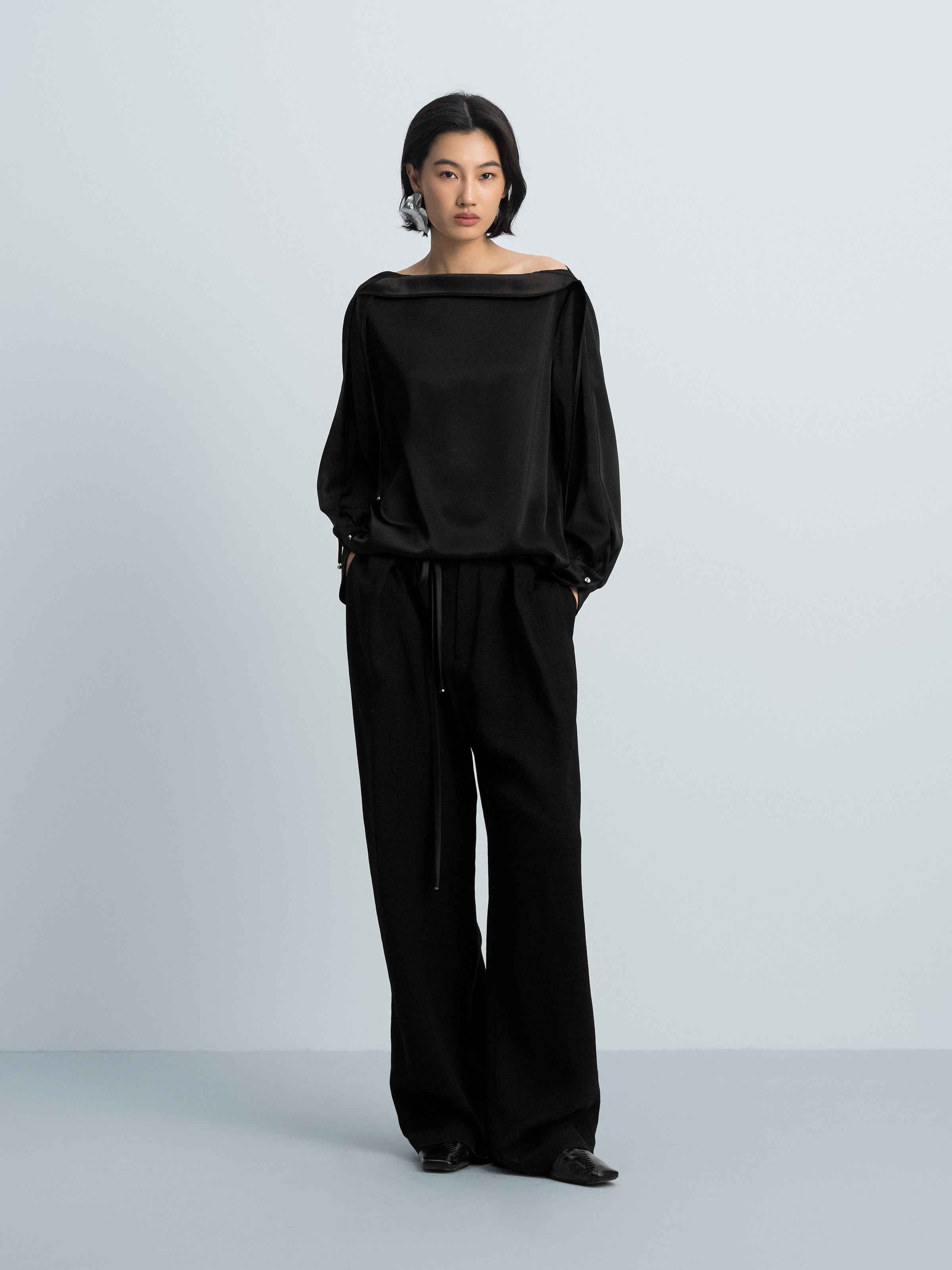 Black Diacetate Linen Weave Metal Bead Wide-Leg Trousers