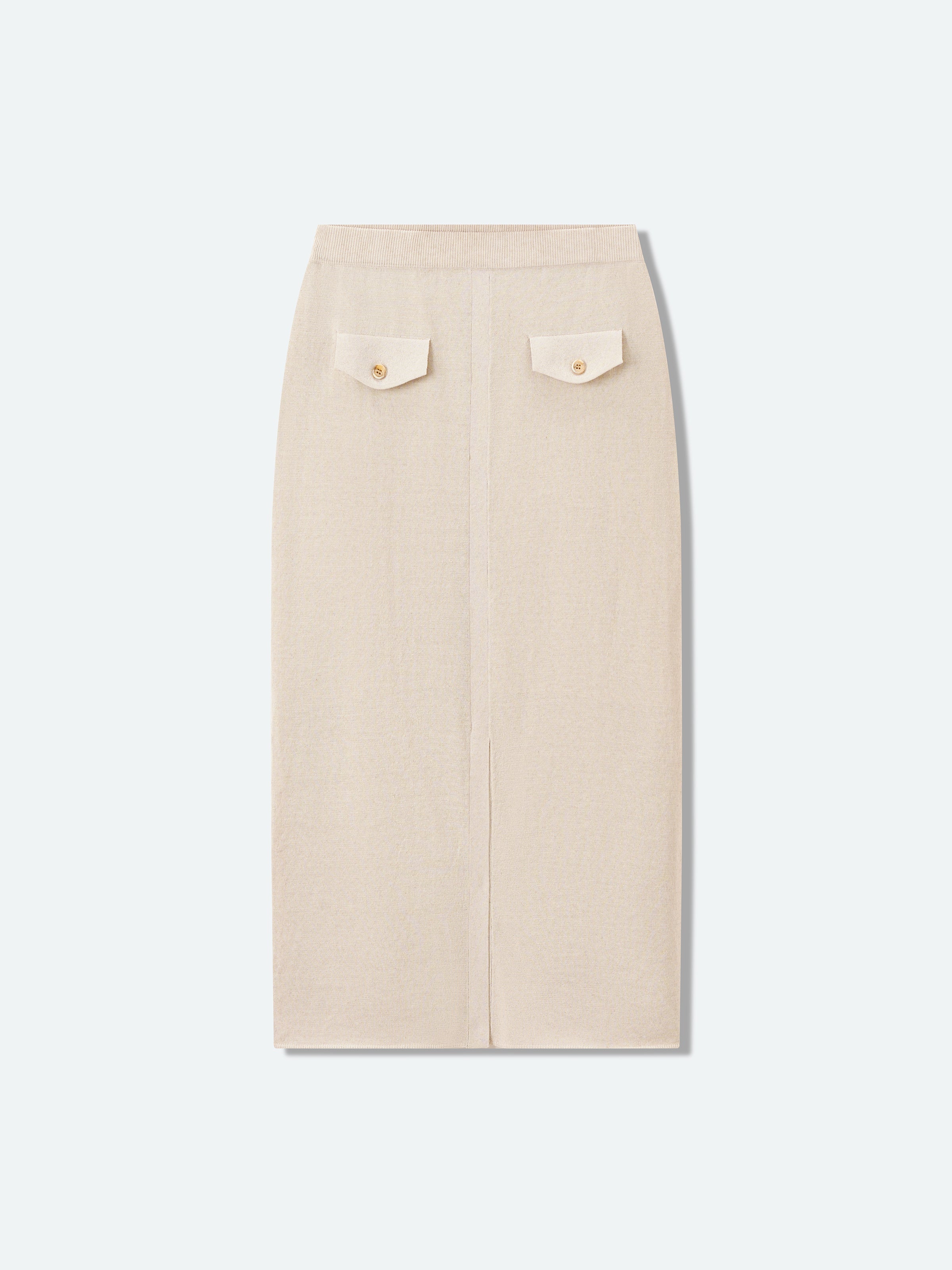 Beige Cotton Linen Knit Straight Patch Pocket Midi Skirt