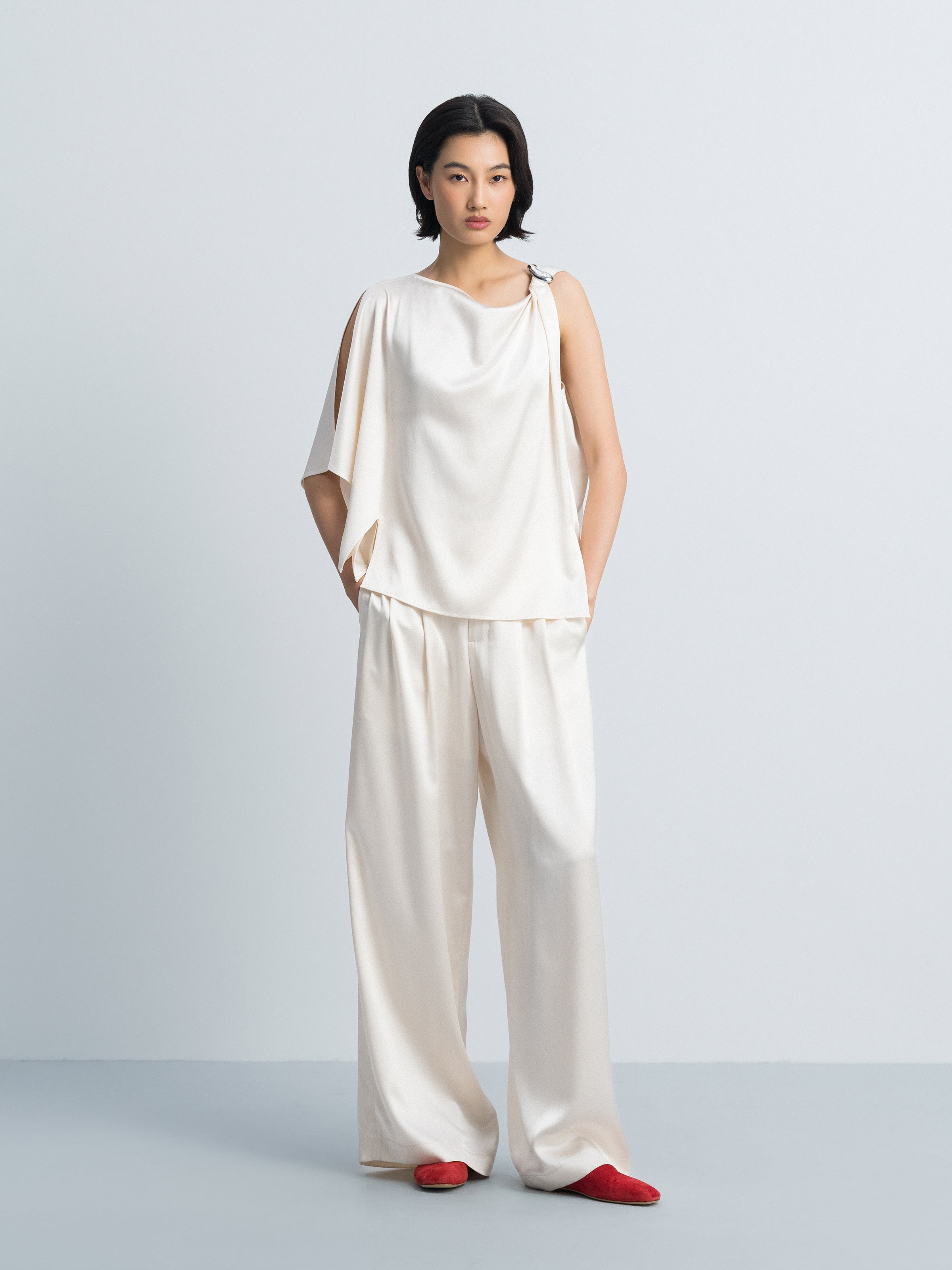Beige Yellow Mulberry Silk Satin Shoulder Knot Sleeveless Top