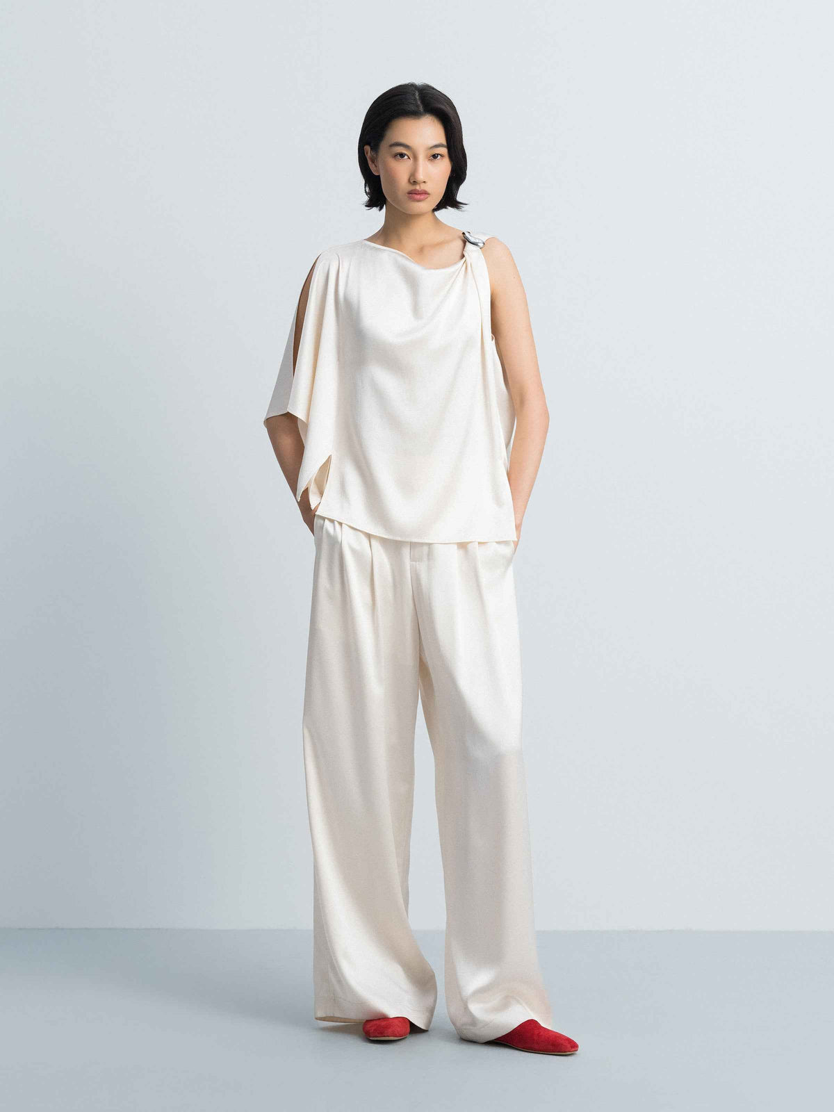 Beige Yellow Mulberry Silk Satin Shoulder Knot Sleeveless Top