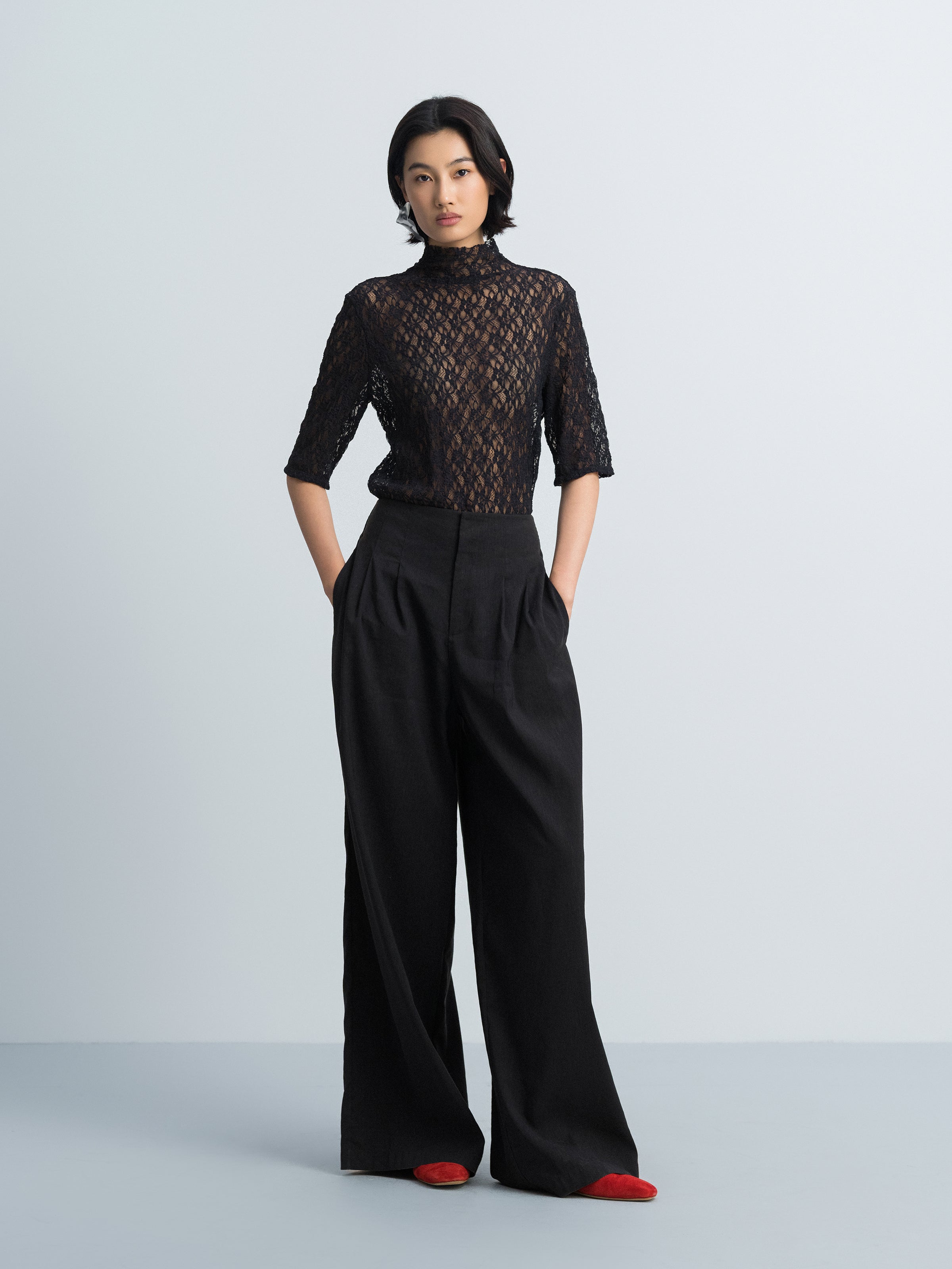 Navy Blue Stretch Lace Semi-High Neck Elbow-Sleeve Top