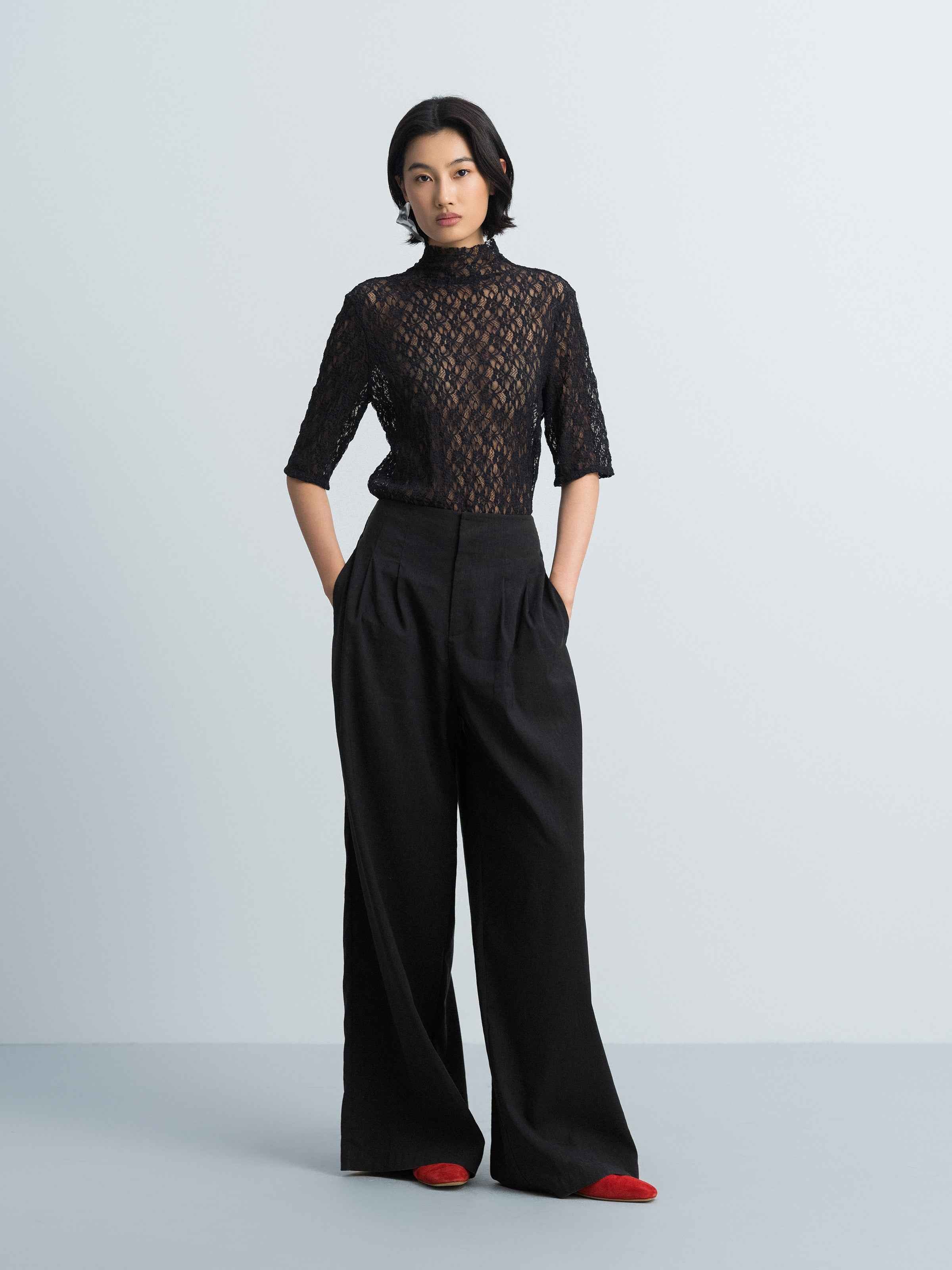 Navy Blue Stretch Lace Semi-High Neck Elbow-Sleeve Top