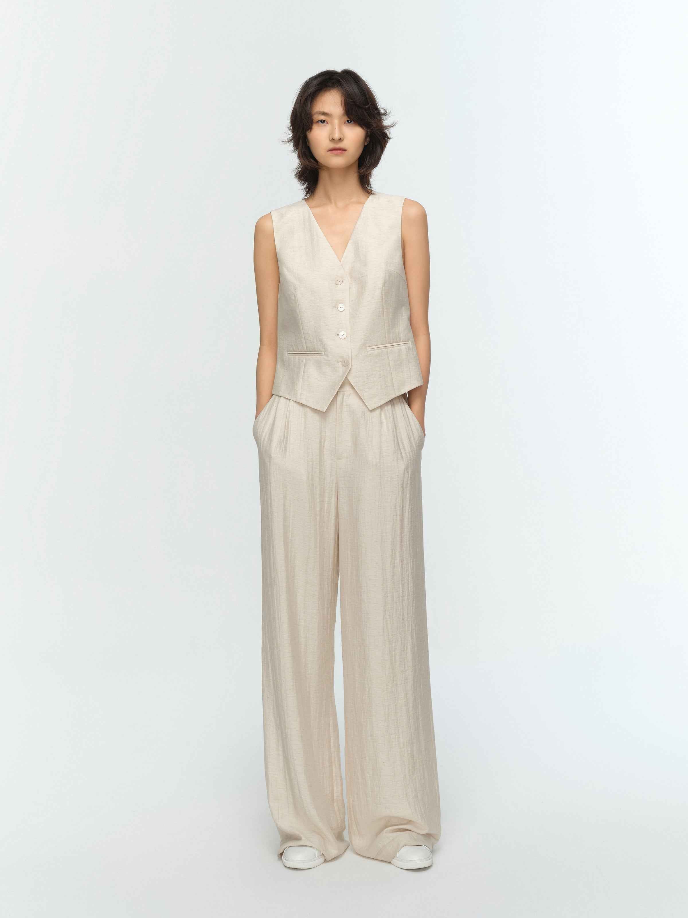 Cream White Linen Elastic Back Wide-Leg Trousers