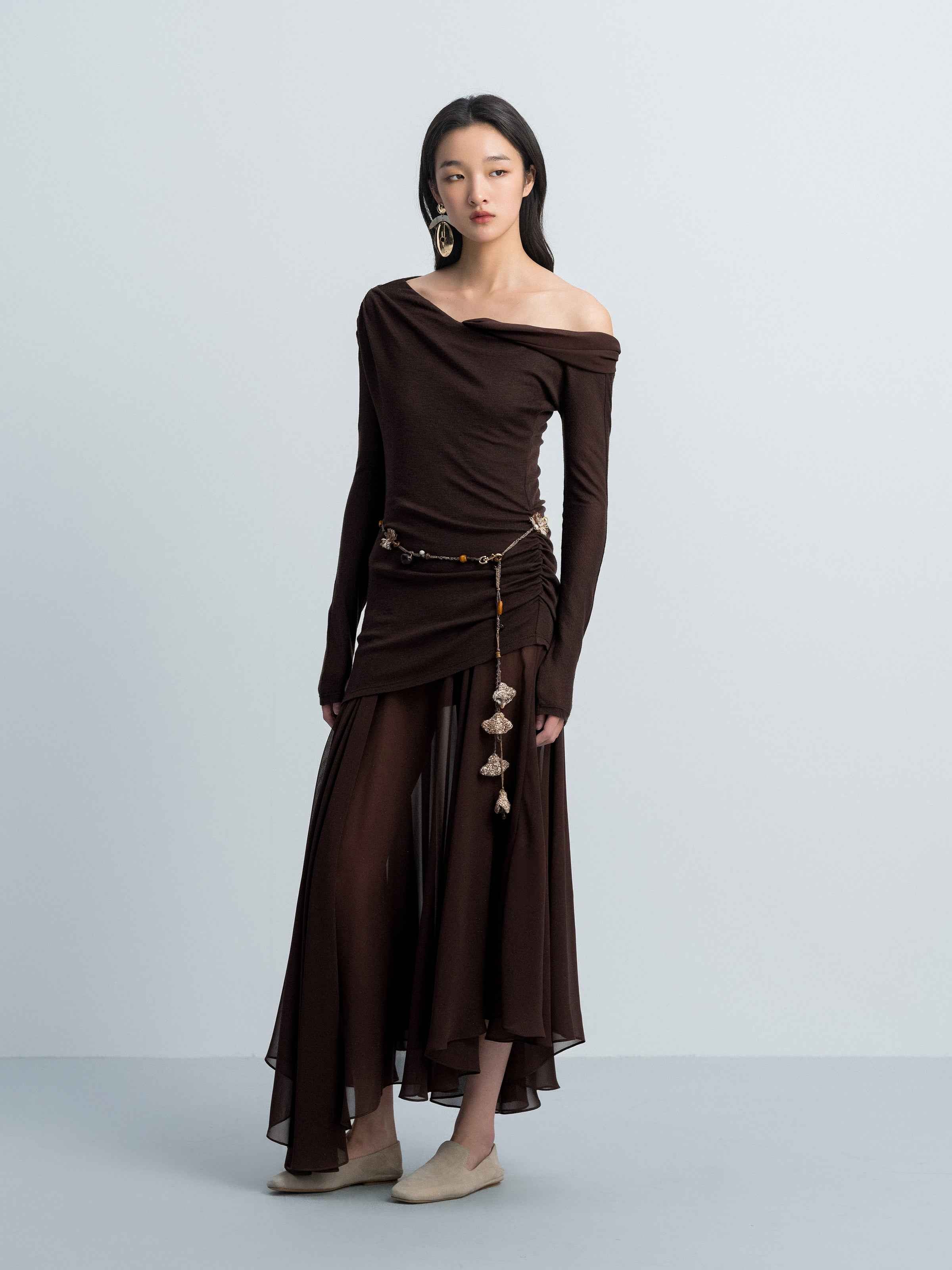 Coffee Brown Knit Silver Foil Chiffon One-Shoulder Long-Sleeve Dress