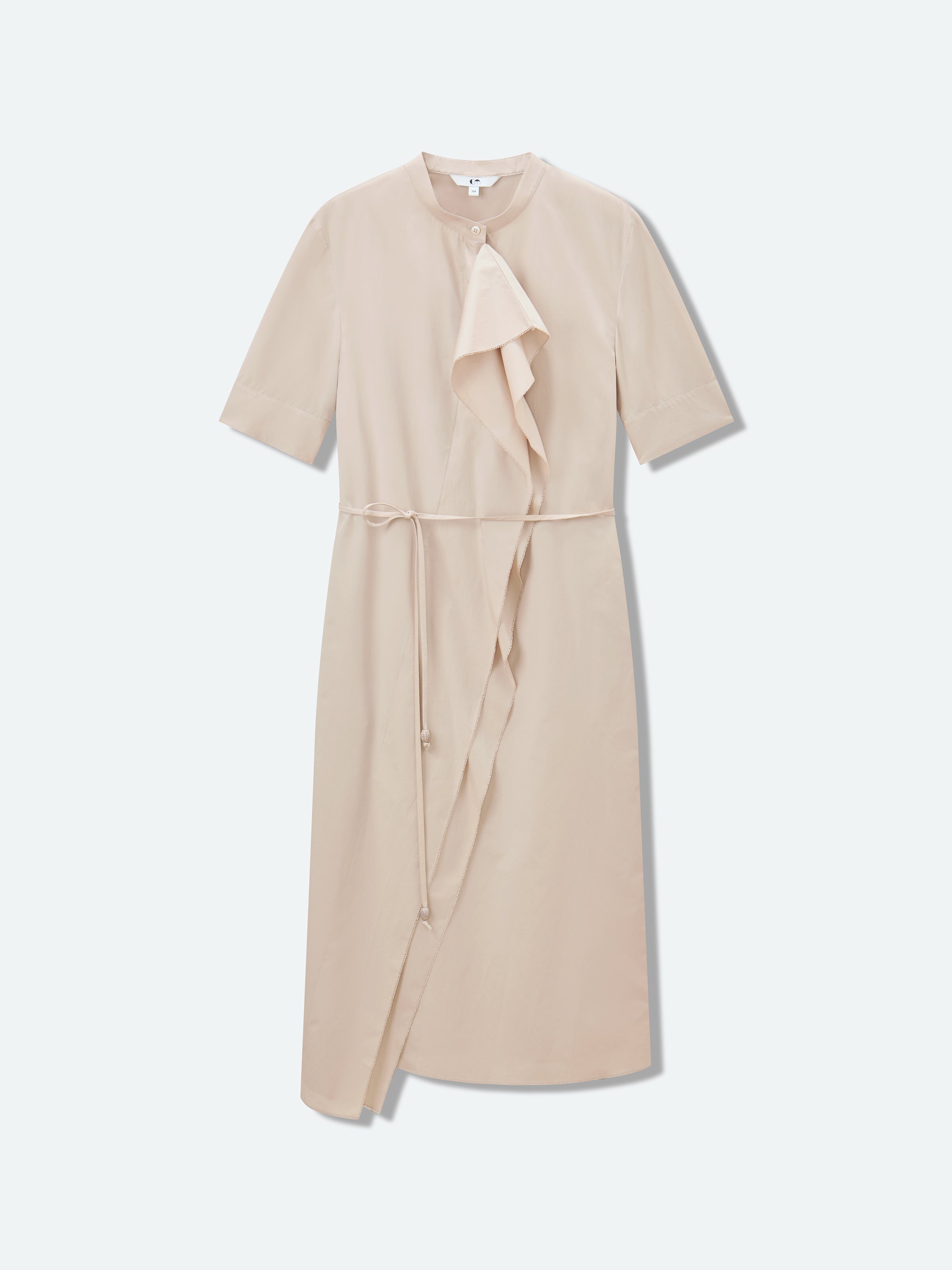 Light Khaki Cotton Poly A-Line Tie Neck Shirt Dress