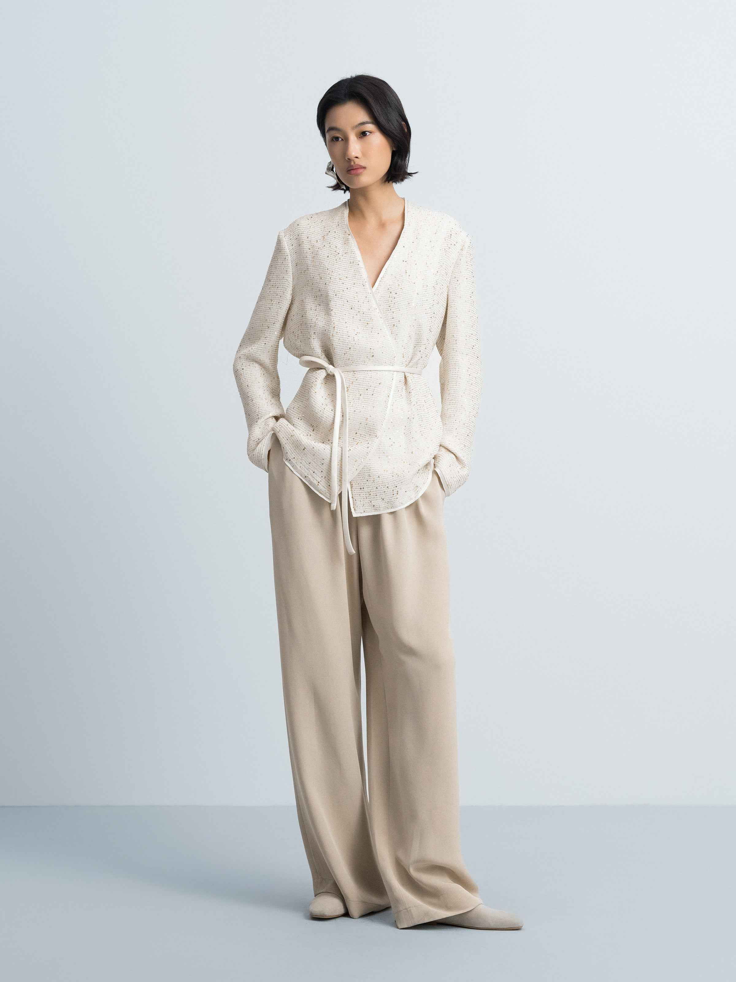 Beige Sequin Stripe V-Neck Satin Belt Blazer