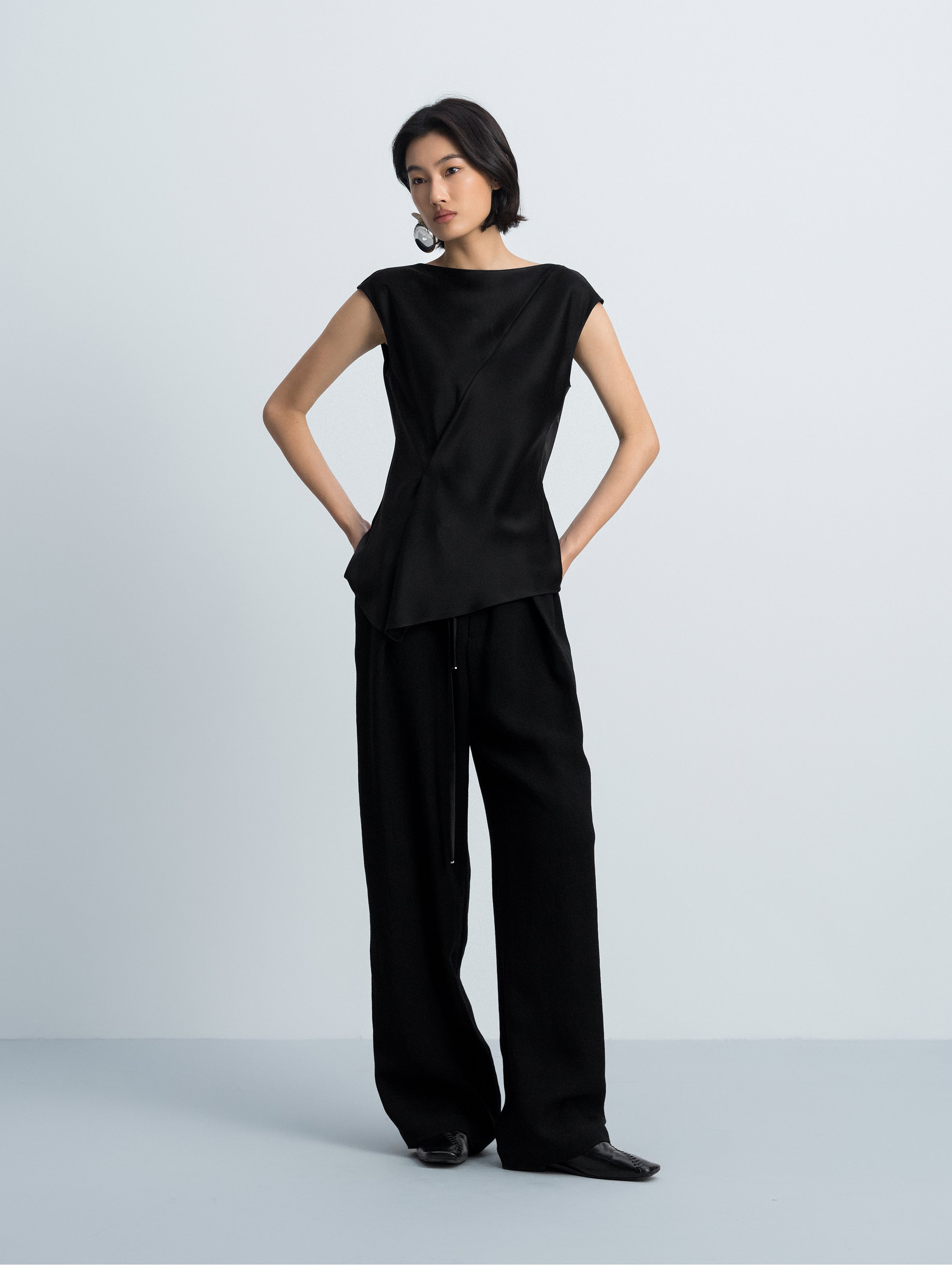 Black Acetate Satin Fitted Waist Cap Sleeve Top