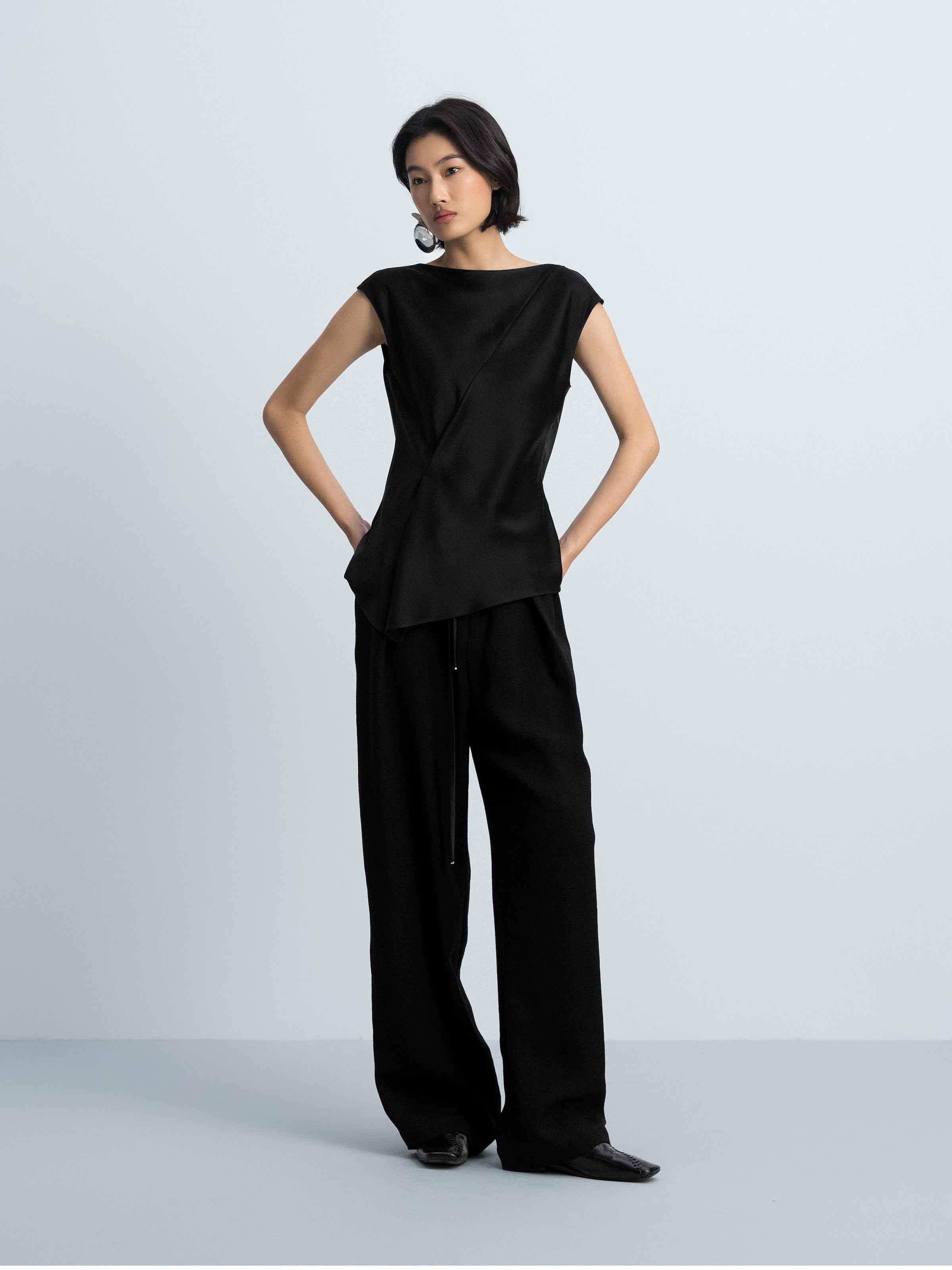 Black Acetate Satin Fitted Waist Cap Sleeve Top