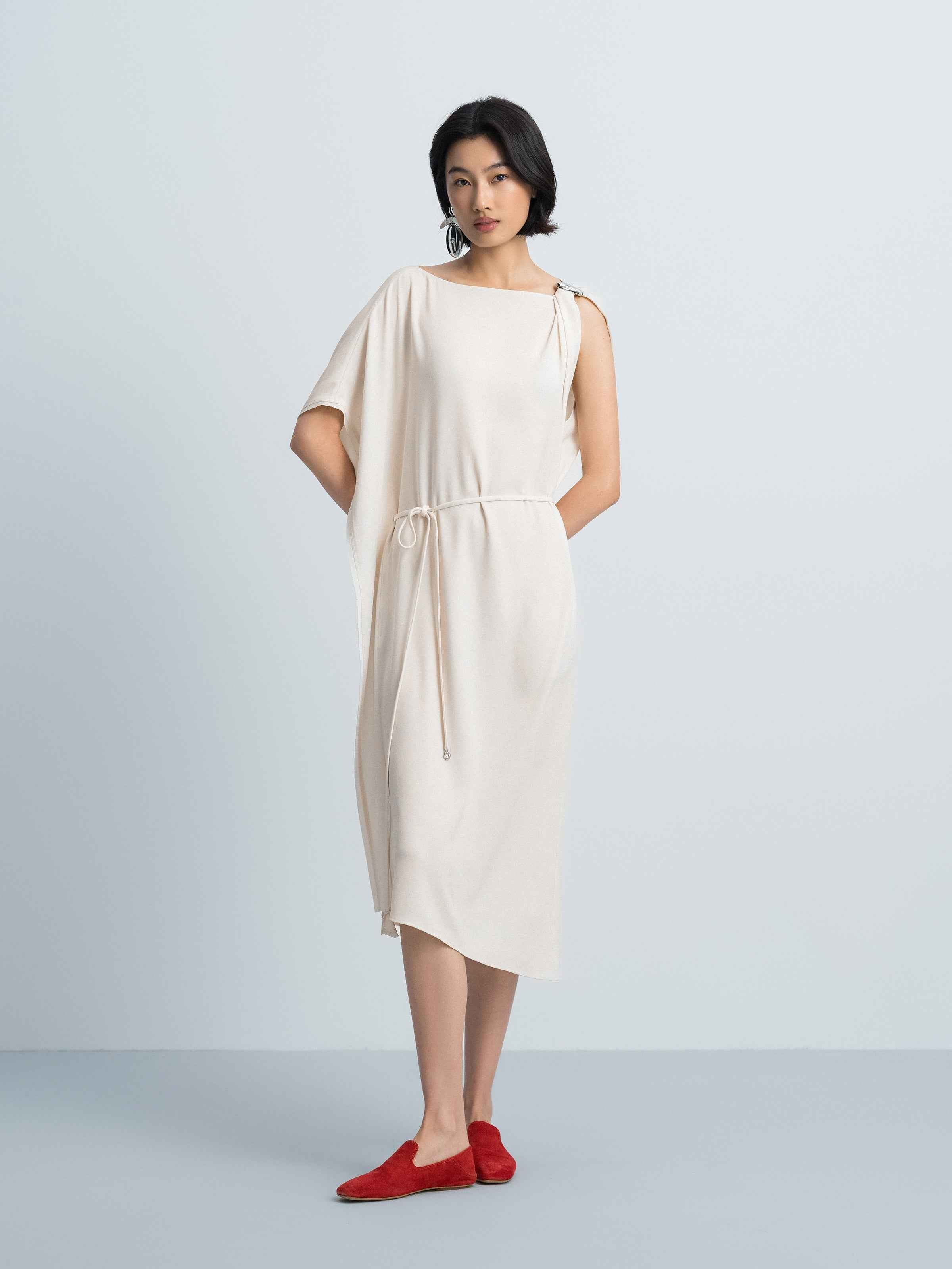 Cream White Acetate Satin Boat Neck Asymmetric Dress