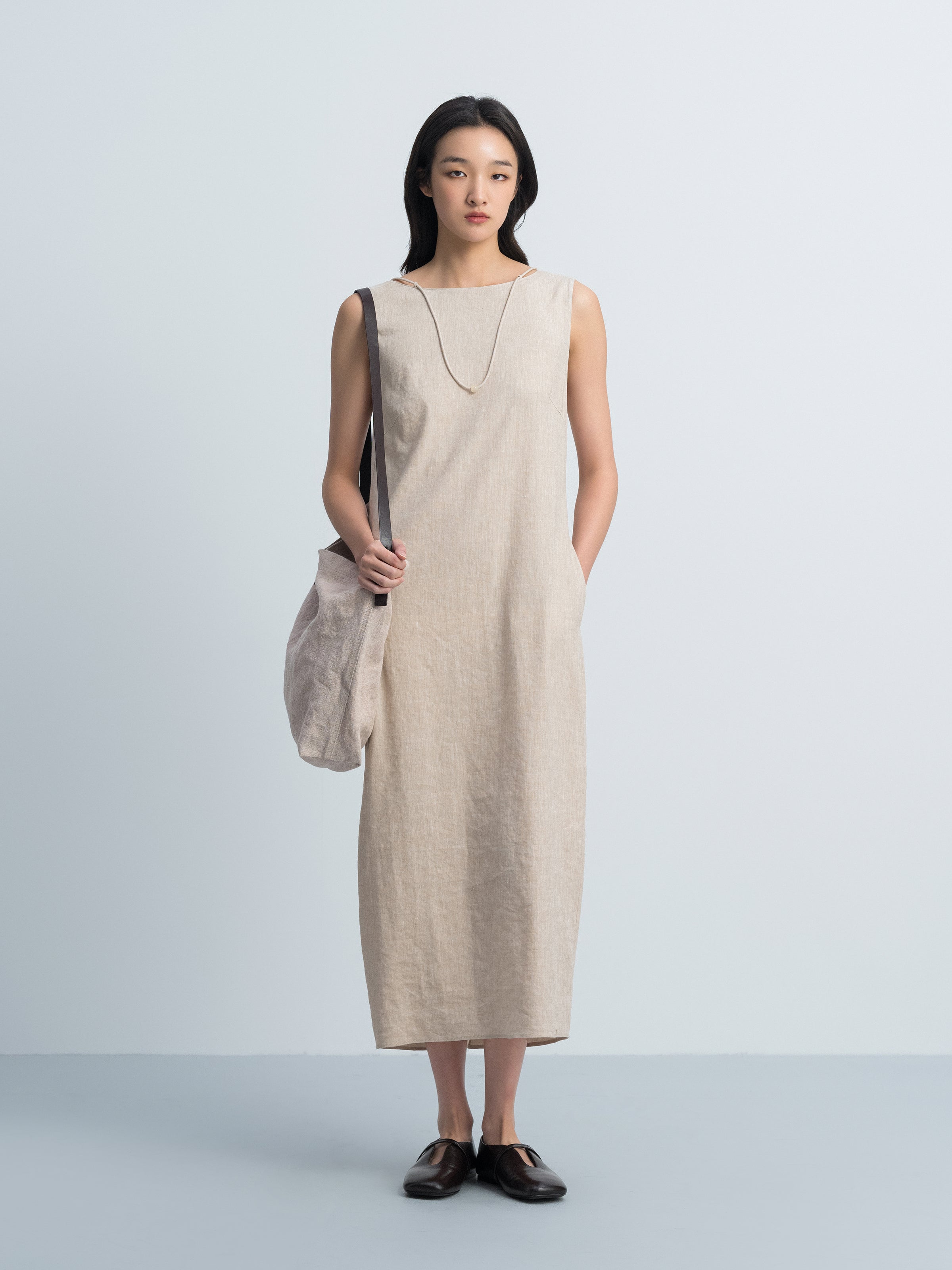 Oatmeal Linen Blend V Knot Back Cocoon Sleeveless Dress