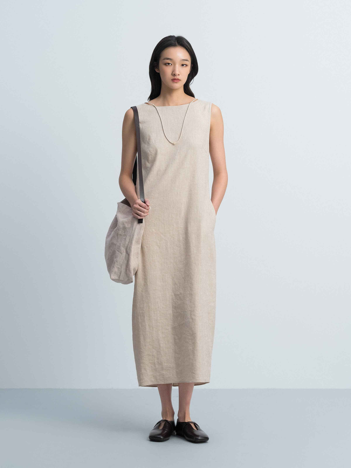 Oatmeal Linen Blend V Knot Back Cocoon Sleeveless Dress