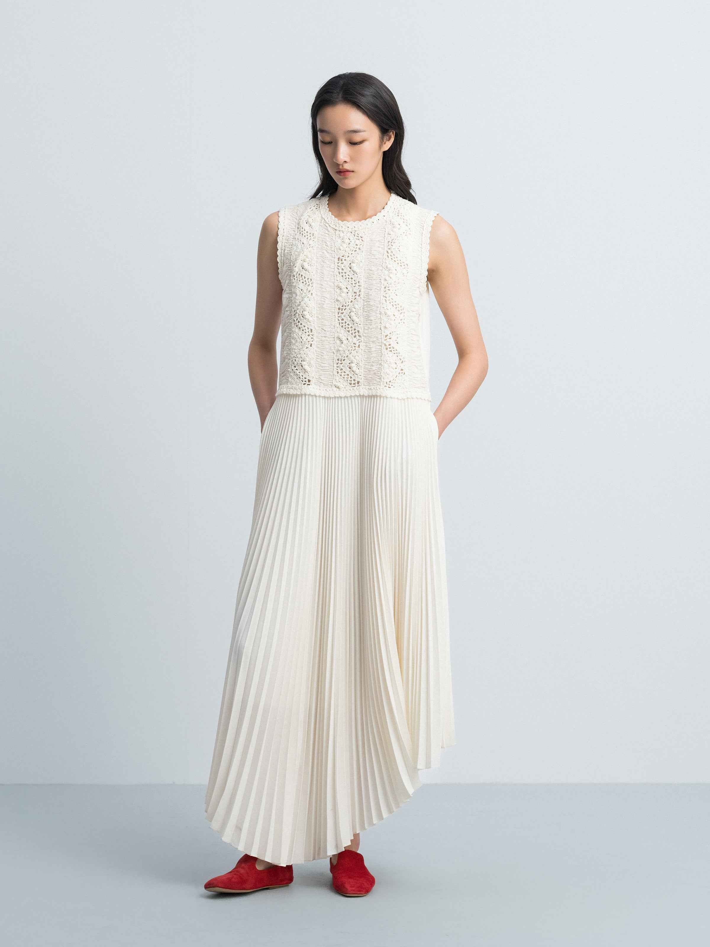 Cream White Pima Cotton Crocheted Flower Splice Sleeveless Dress