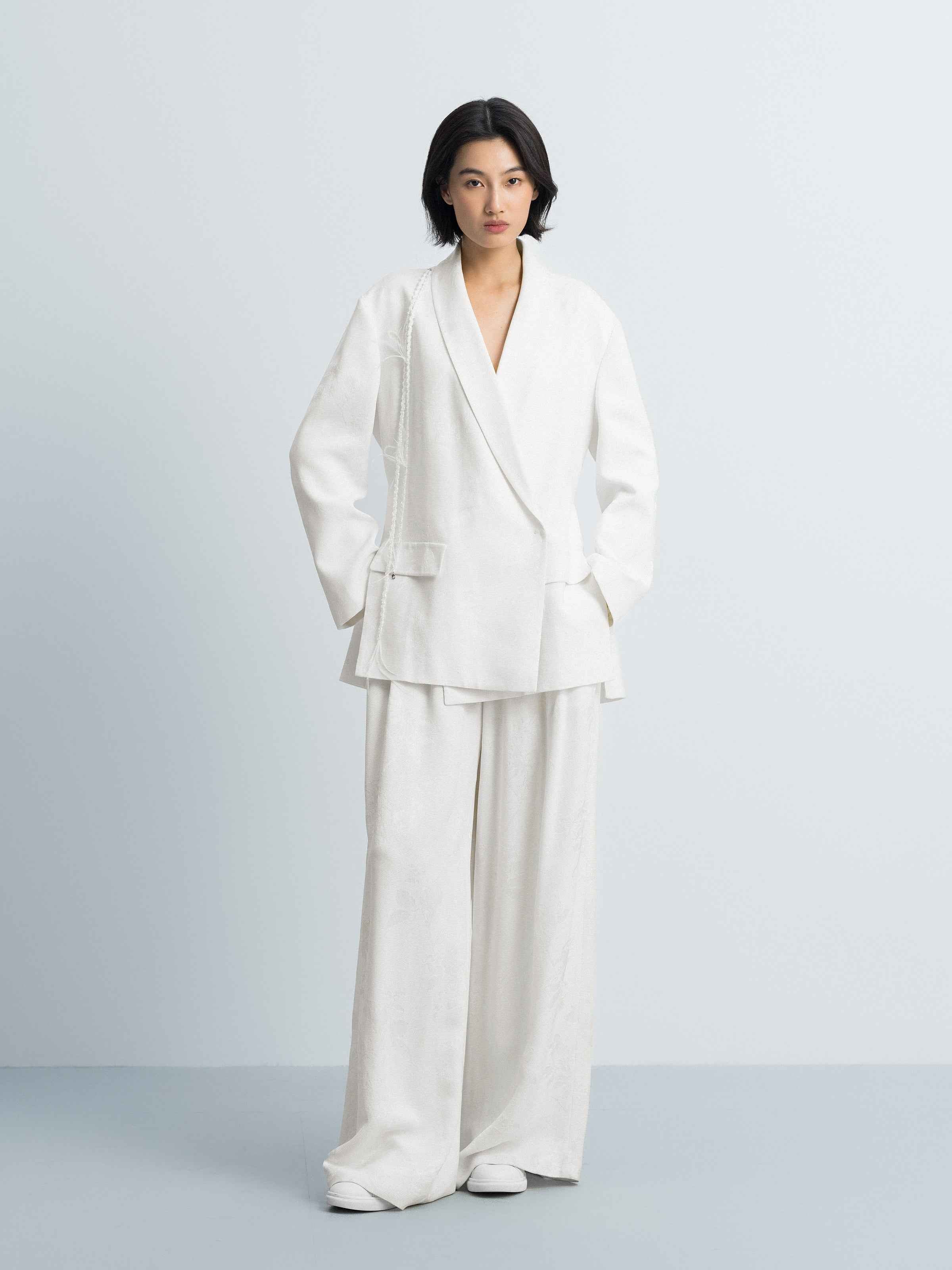 Cream White Rayon Jacquard Shawl Collar Oversized Blazer
