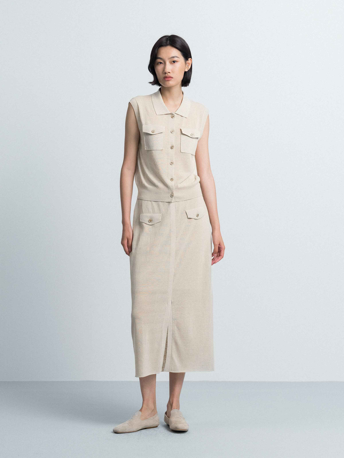 Beige Cotton Linen Knit Fitted Utility Pocket Cardigan