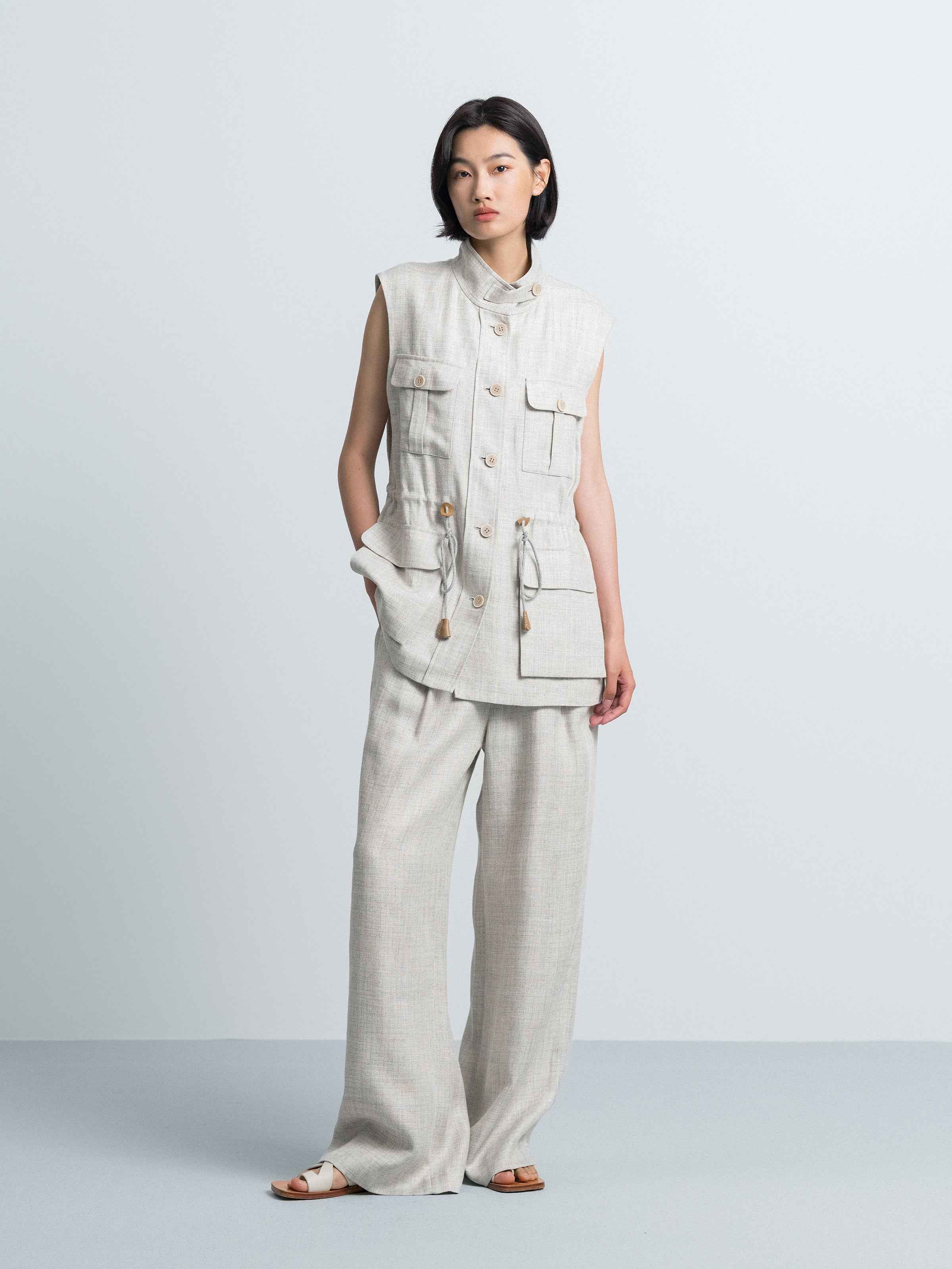 Light Gray Linen Viscose Stand Collar Midi Vest