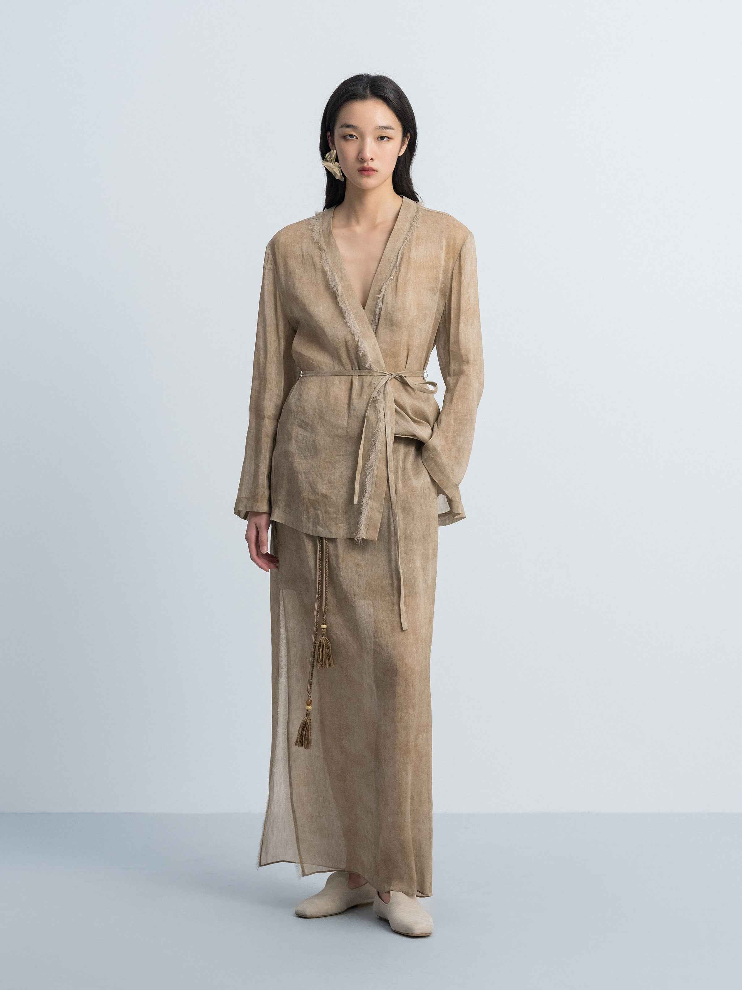Light Khaki Tie Waist Blazer