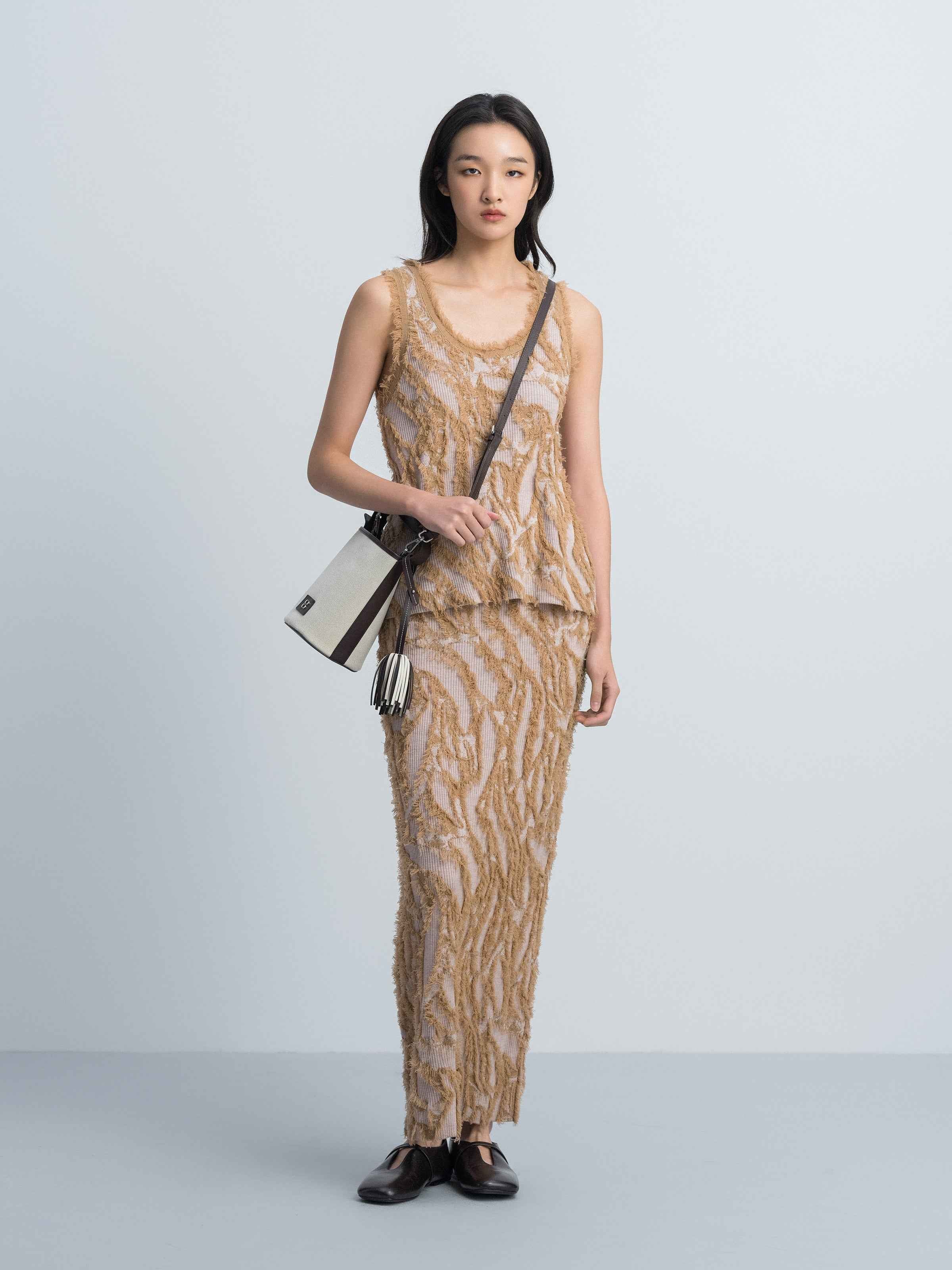 Pattern Merino Wool Fringe Jacquard Straight Knit Skirt