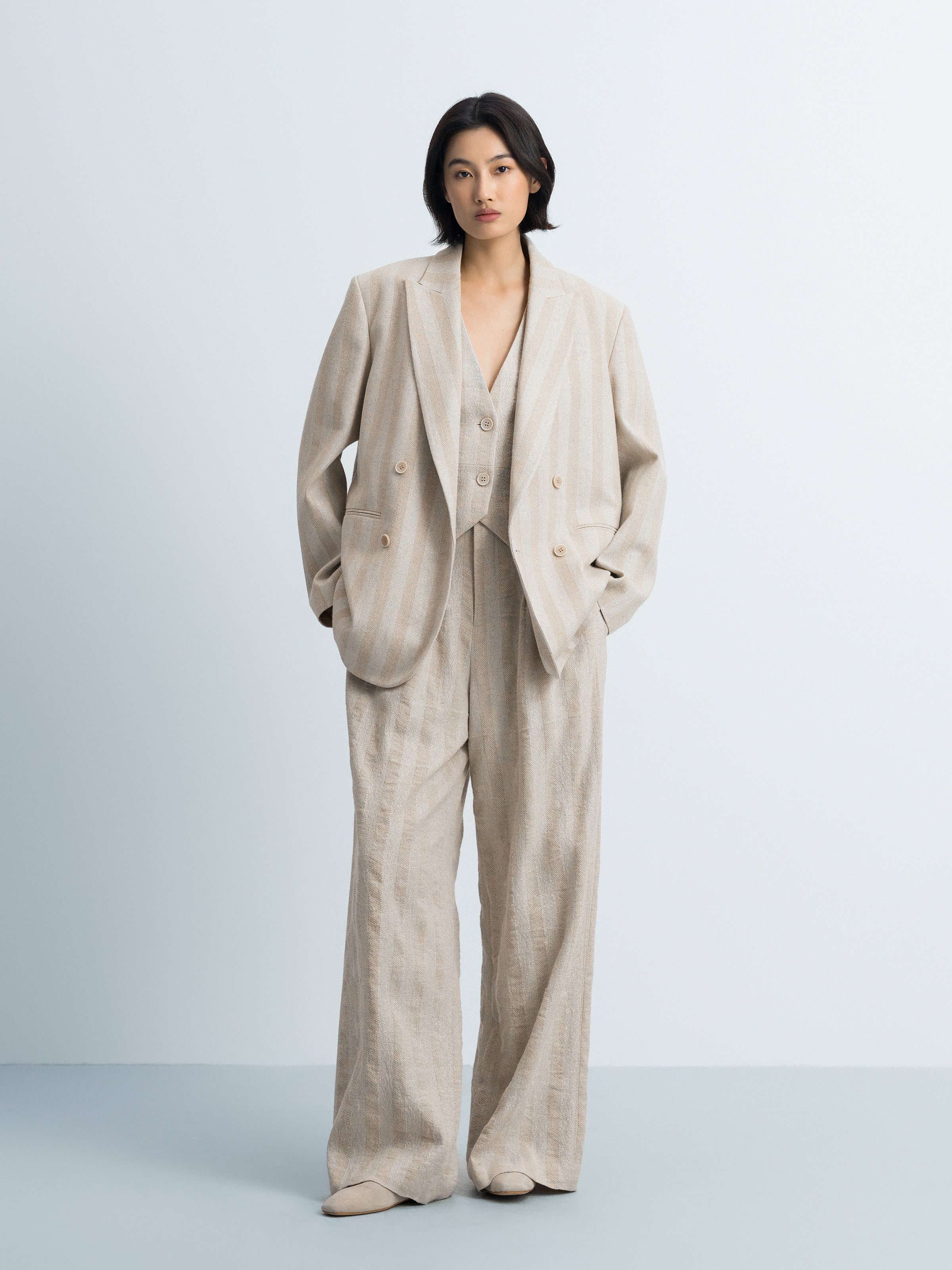 Beige Cotton Linen Peak Lapel Straight Blazer
