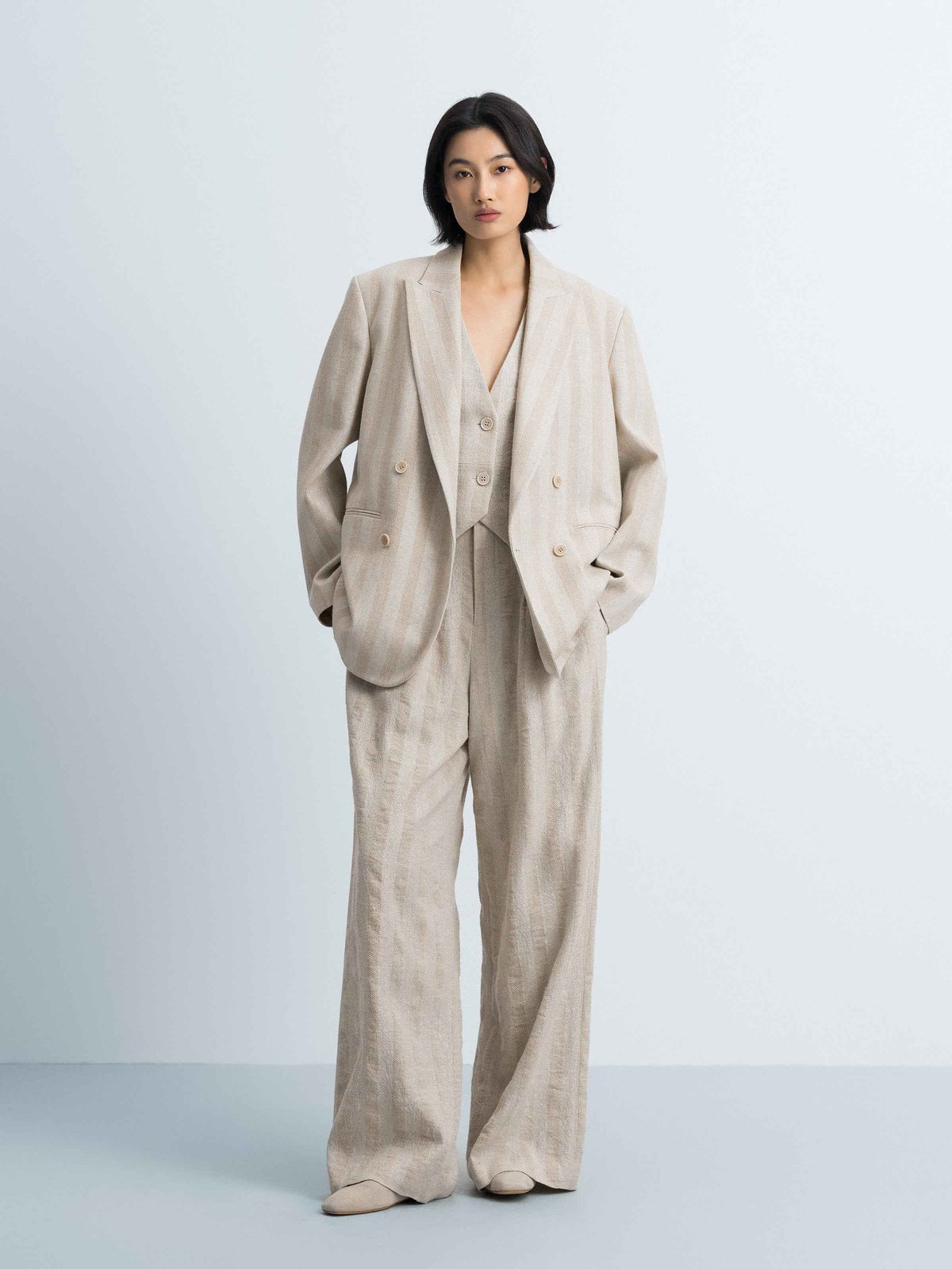 Beige Cotton Linen Peak Lapel Straight Blazer