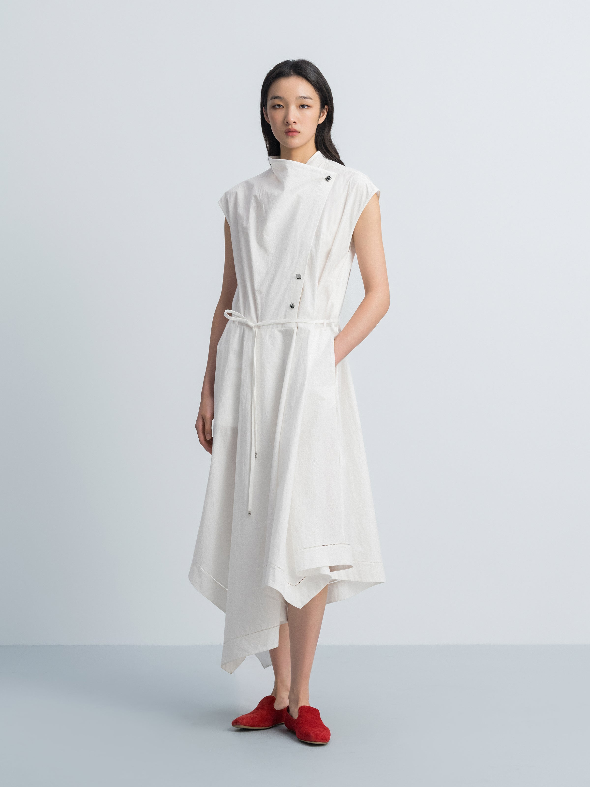 Off White Cotton Crinkle Draped Neck Belt Waist Dress