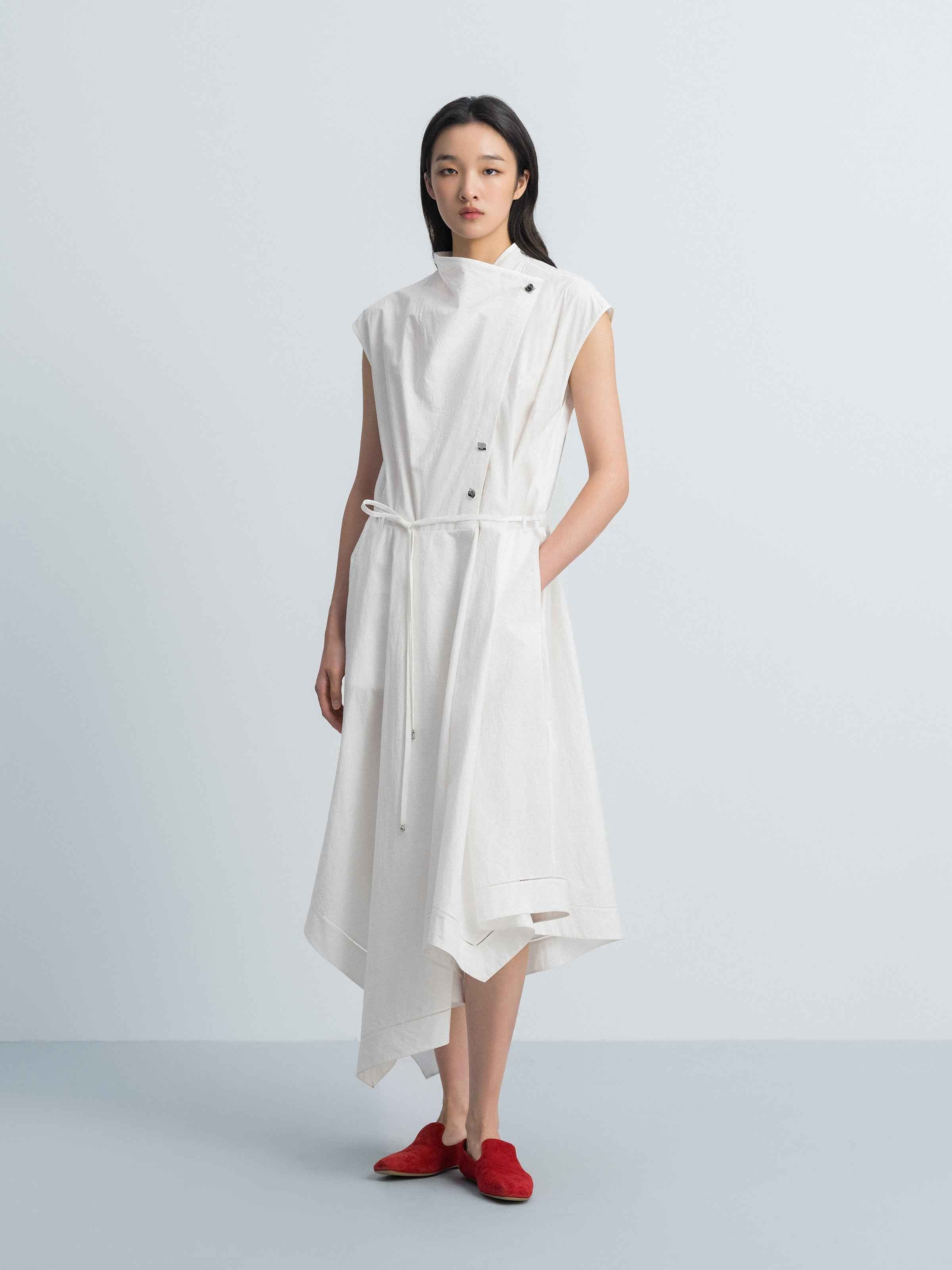 Off White Cotton Crinkle Draped Neck Belt Waist Dress