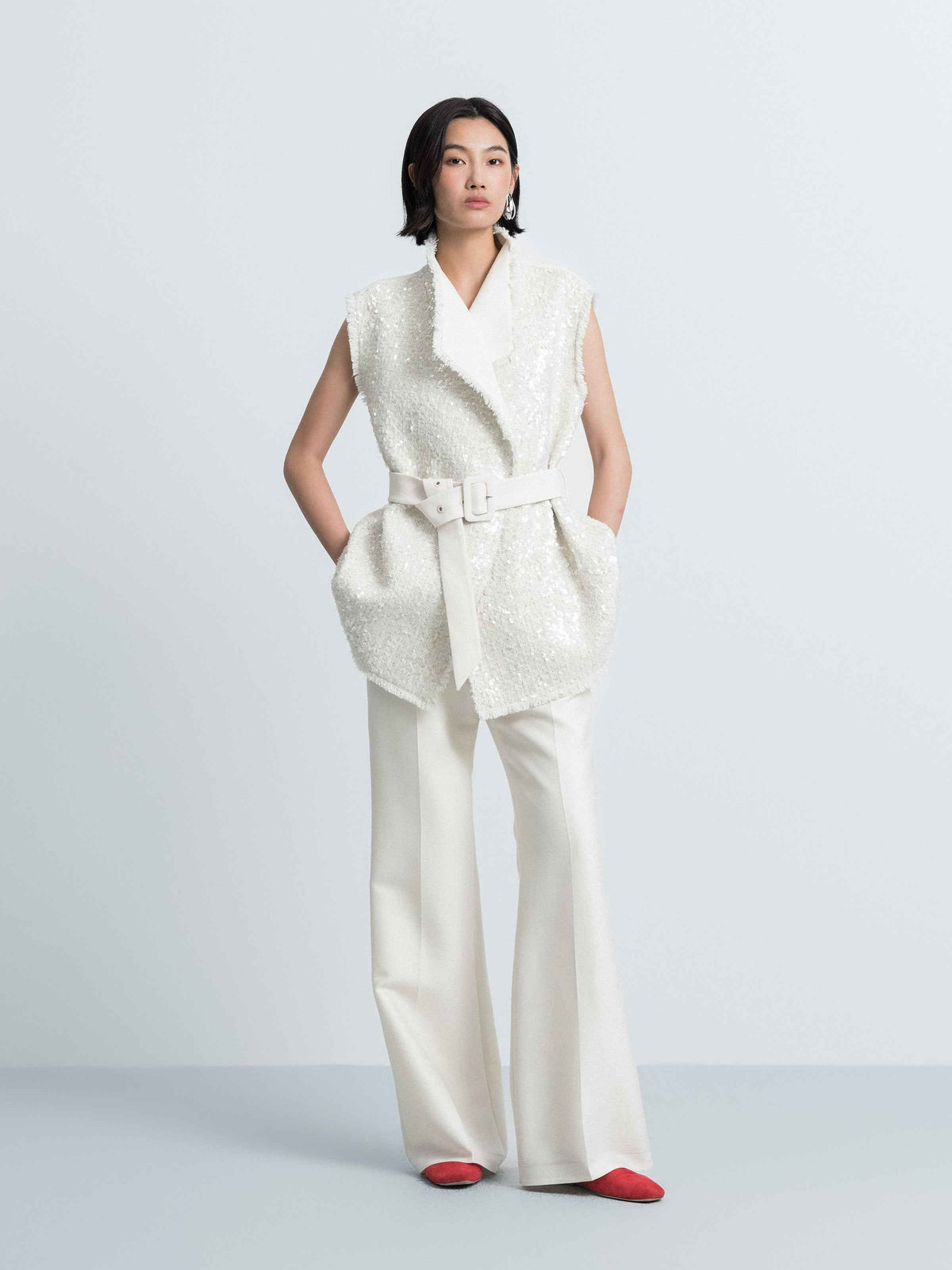 Sequin Tie‑Detail Stand‑Collar Waistcoat