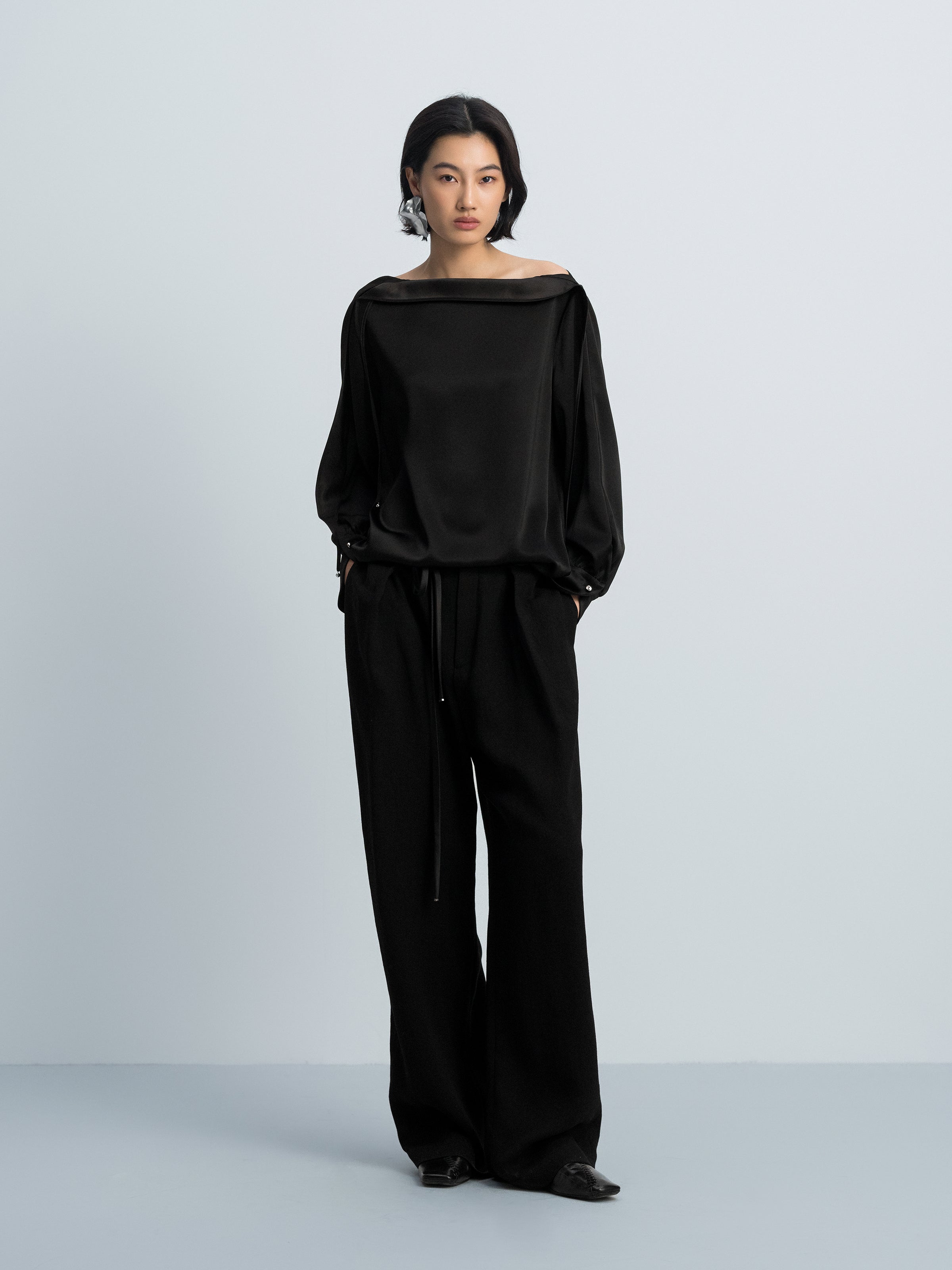 Black Acetate Double Satin Boat Neck Crossover Top