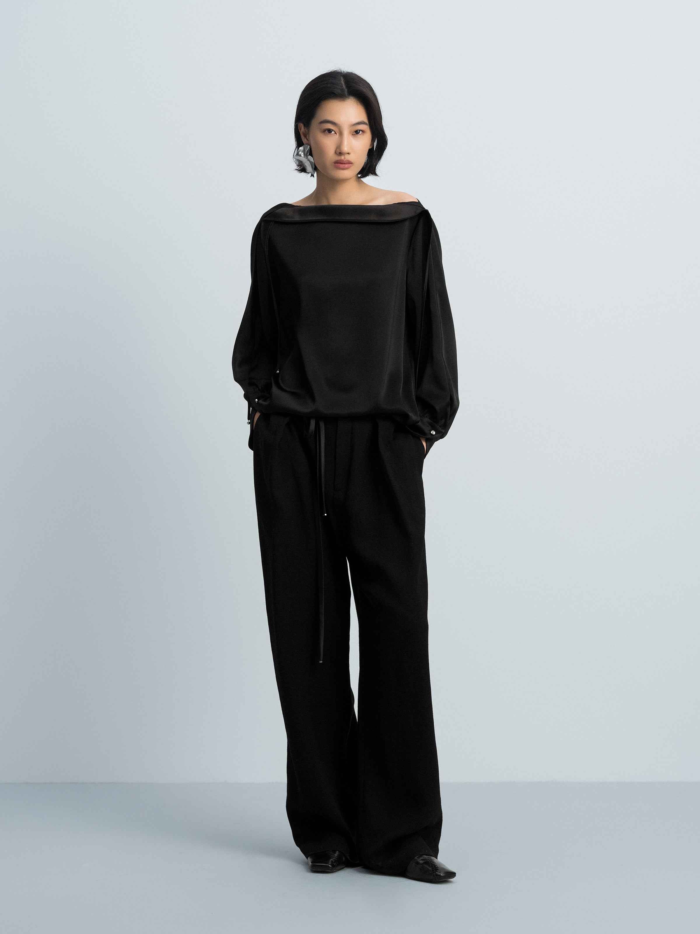 Black Acetate Double Satin Boat Neck Crossover Top