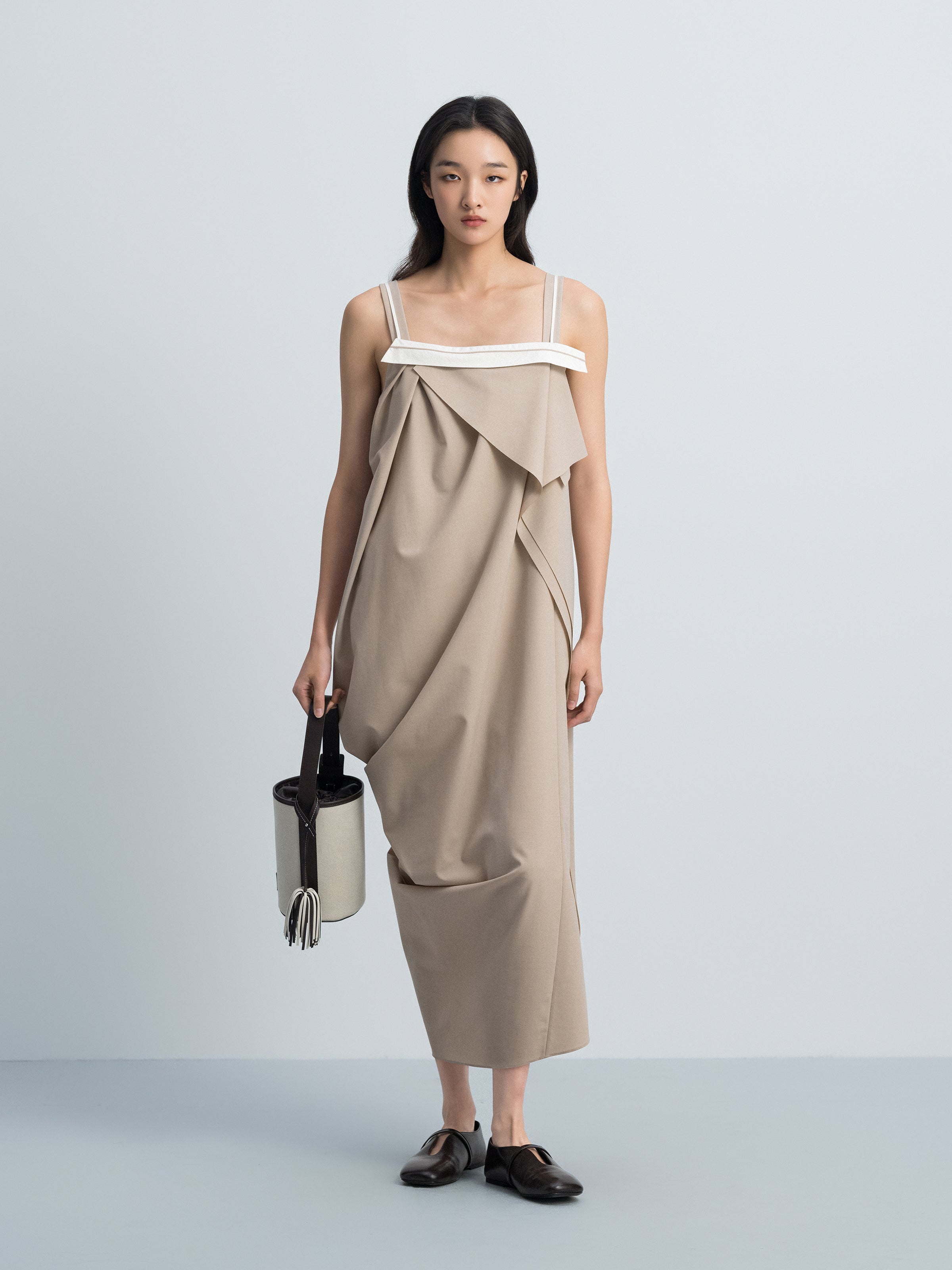 Light Khaki Worsted Wool Irregular Cocoon Strap Slip Dress