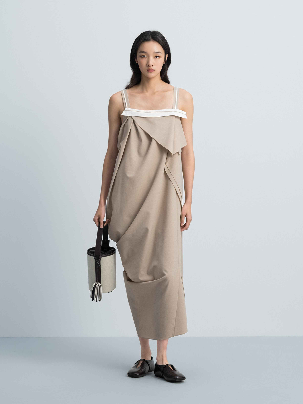 Light Khaki Worsted Wool Irregular Cocoon Strap Slip Dress