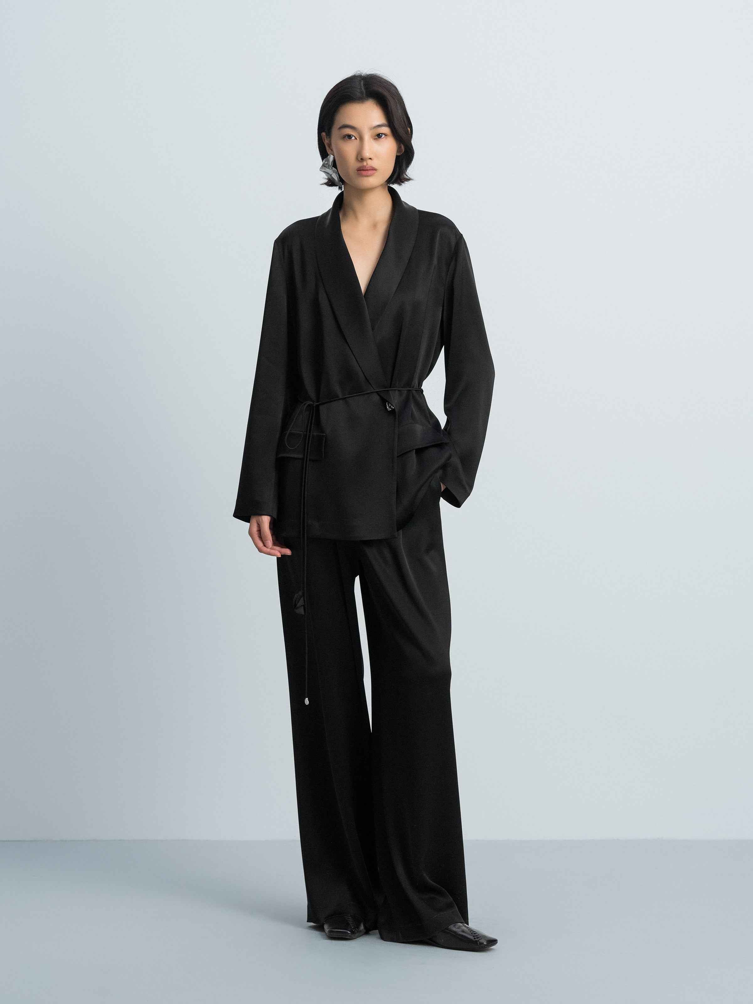 Black Water Wave Satin Shawl Collar Drawstring Blazer