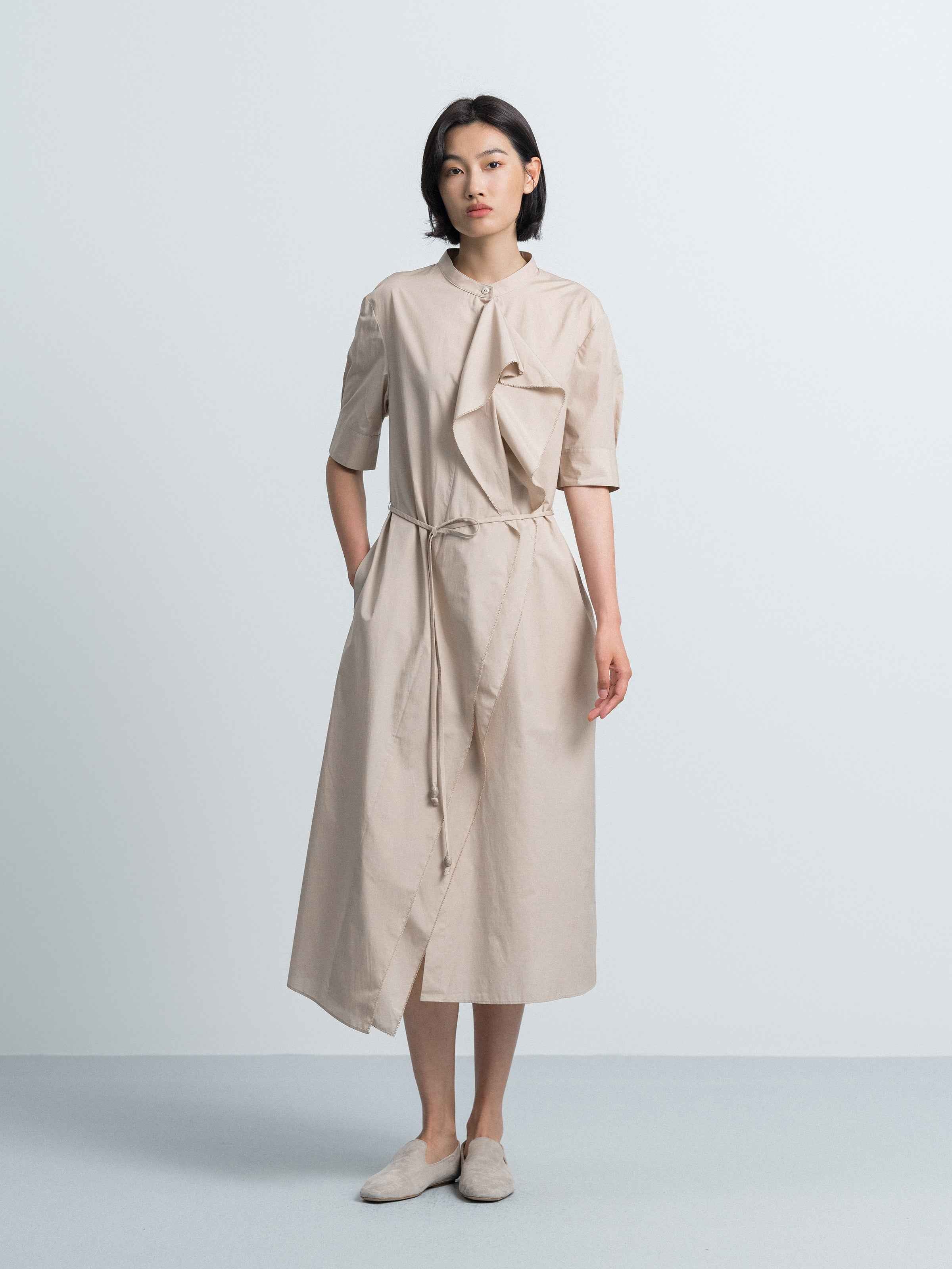 Light Khaki Cotton Poly A-Line Tie Neck Shirt Dress