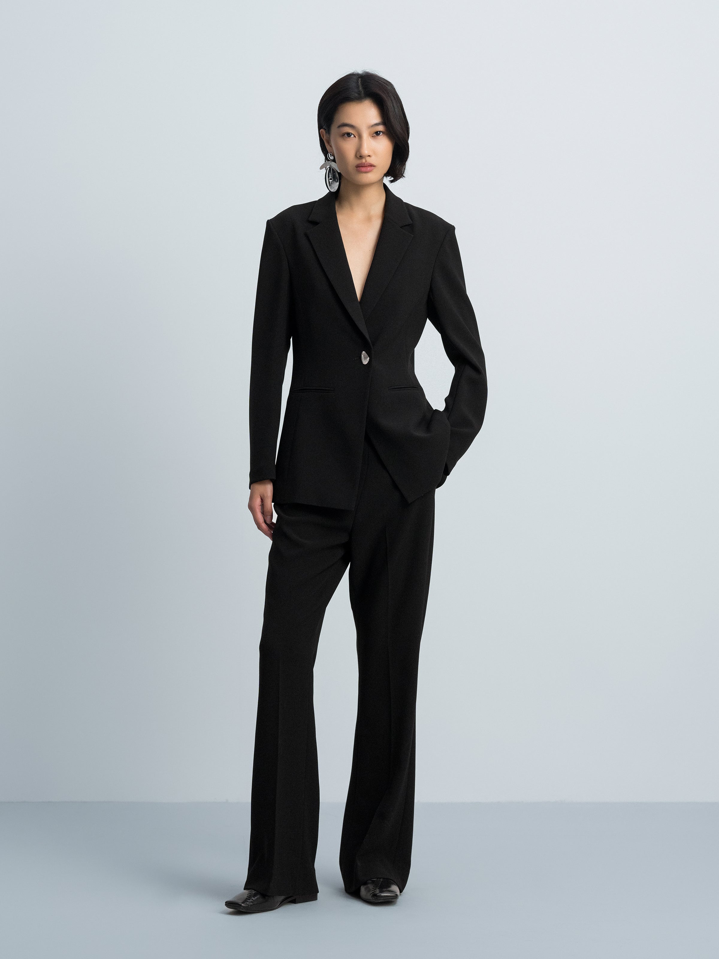 Black Triacetate Polyester Printed Flip Panel Flared Trousers