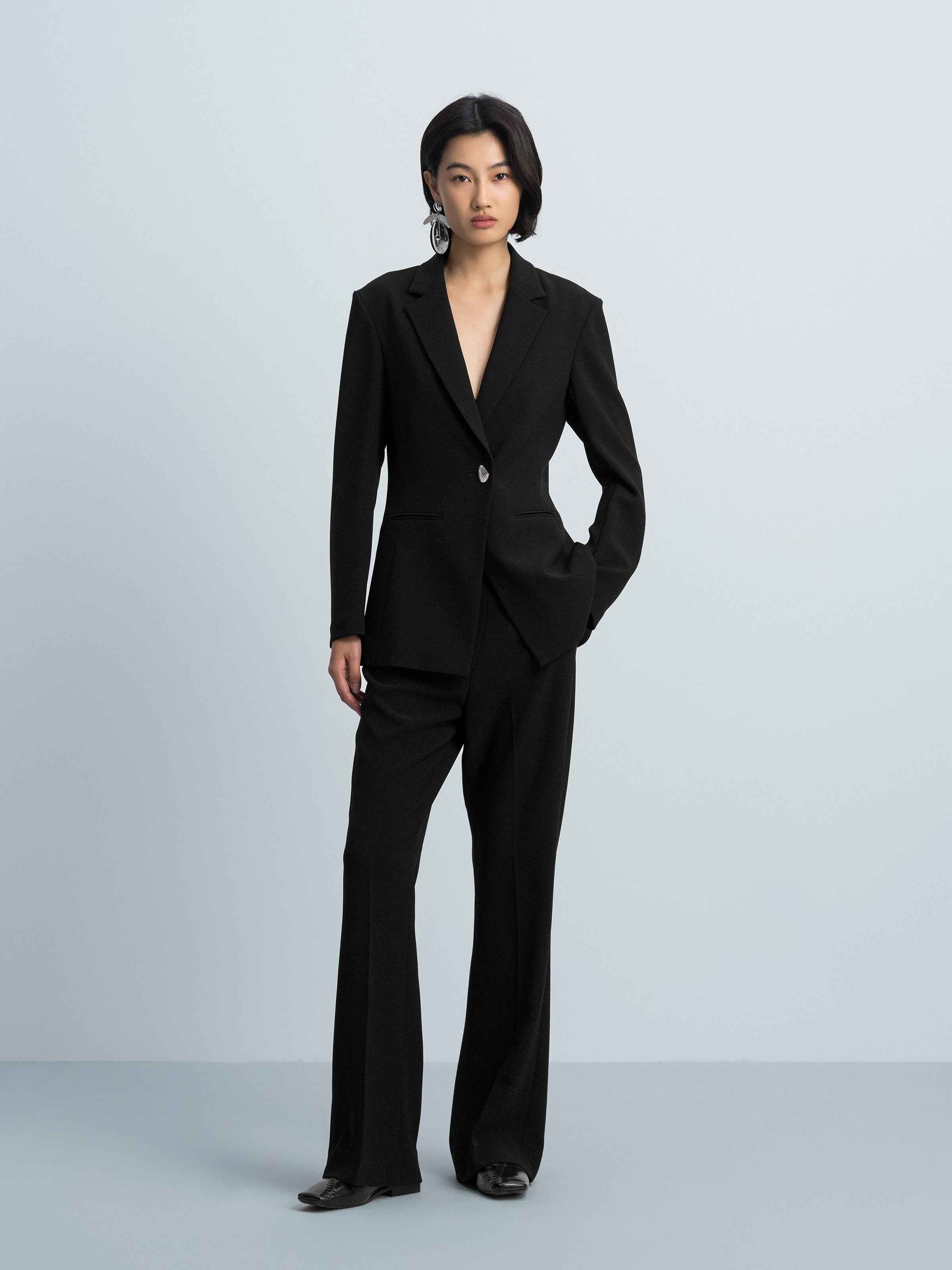 Black Triacetate Polyester Printed Flip Panel Flared Trousers