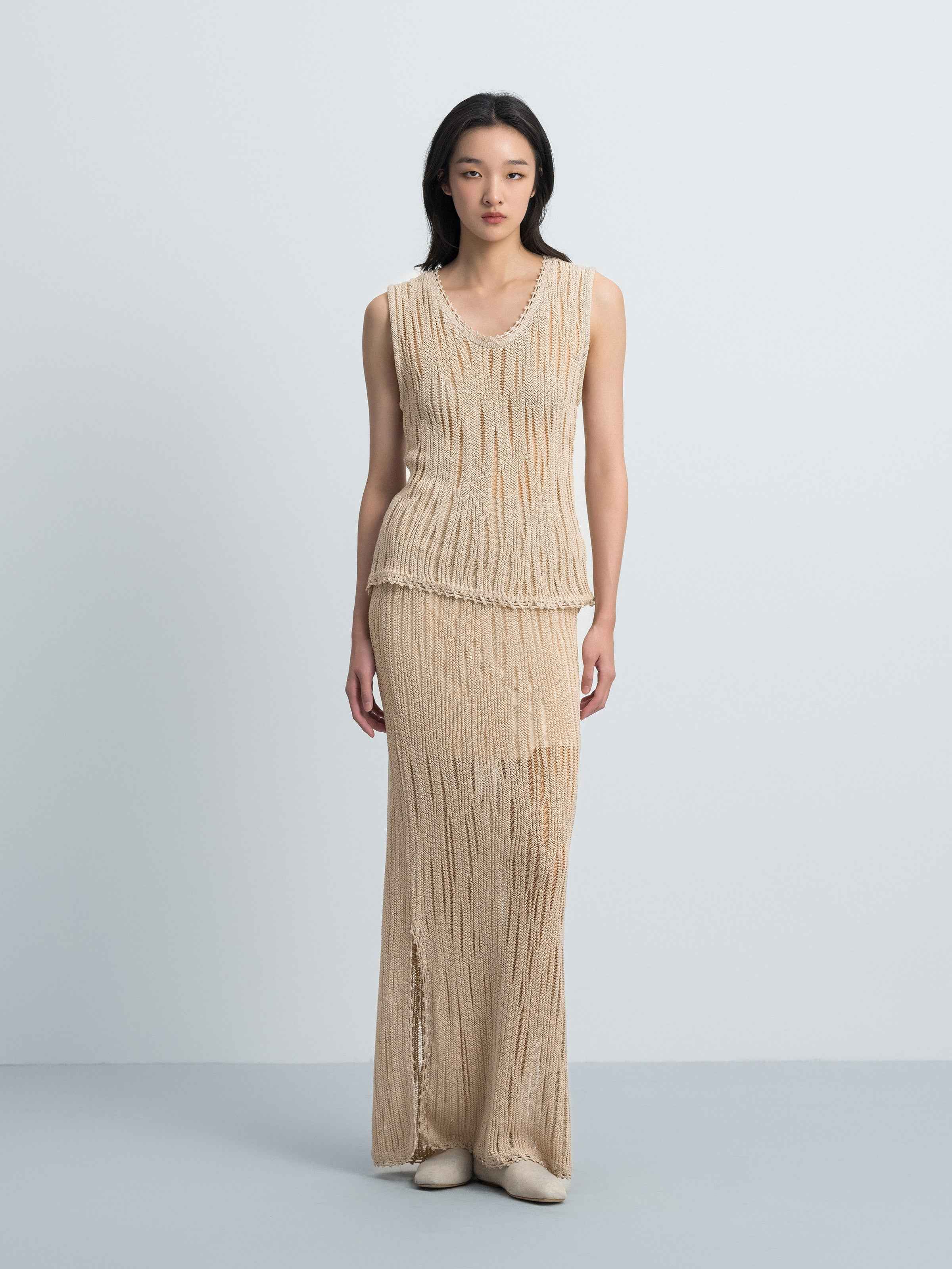 Light Khaki Openwork Lace Trim Side Slit Knit Skirt