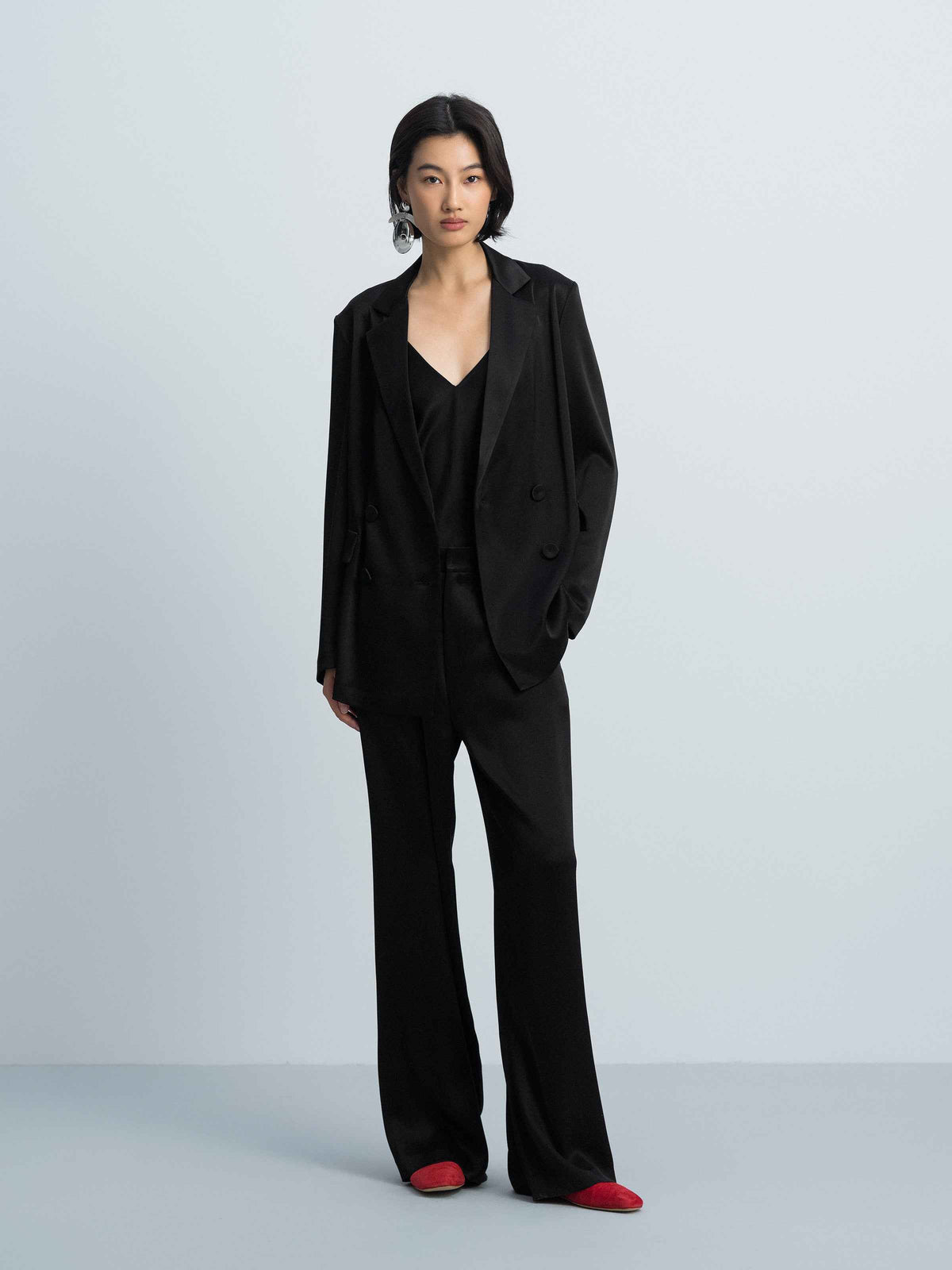 Black Triacetate Satin Classic Straight Blazer