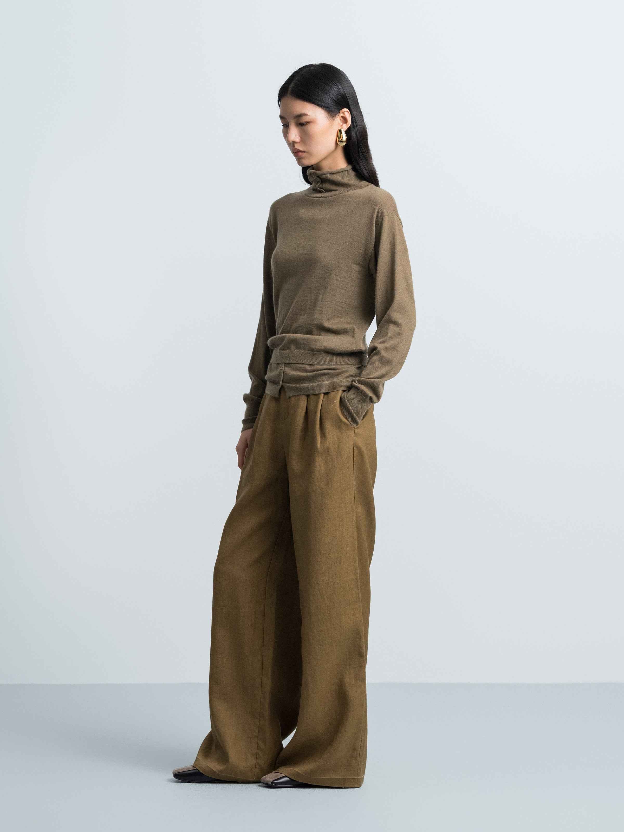 Semi‑placket High‑neck Knit Base Layer