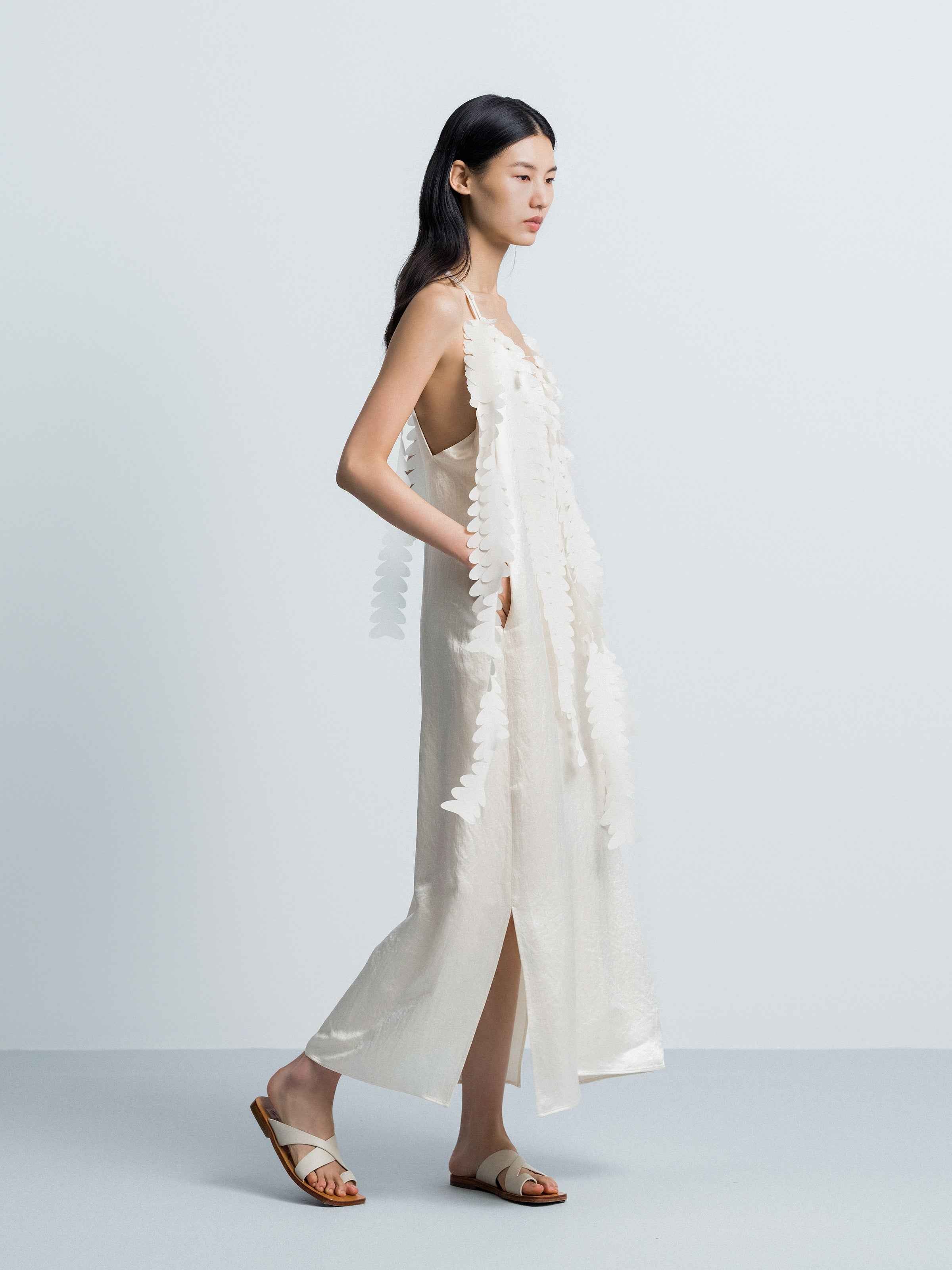 Cream White Acetate V-Neck Double Strap Floral Slip Dress